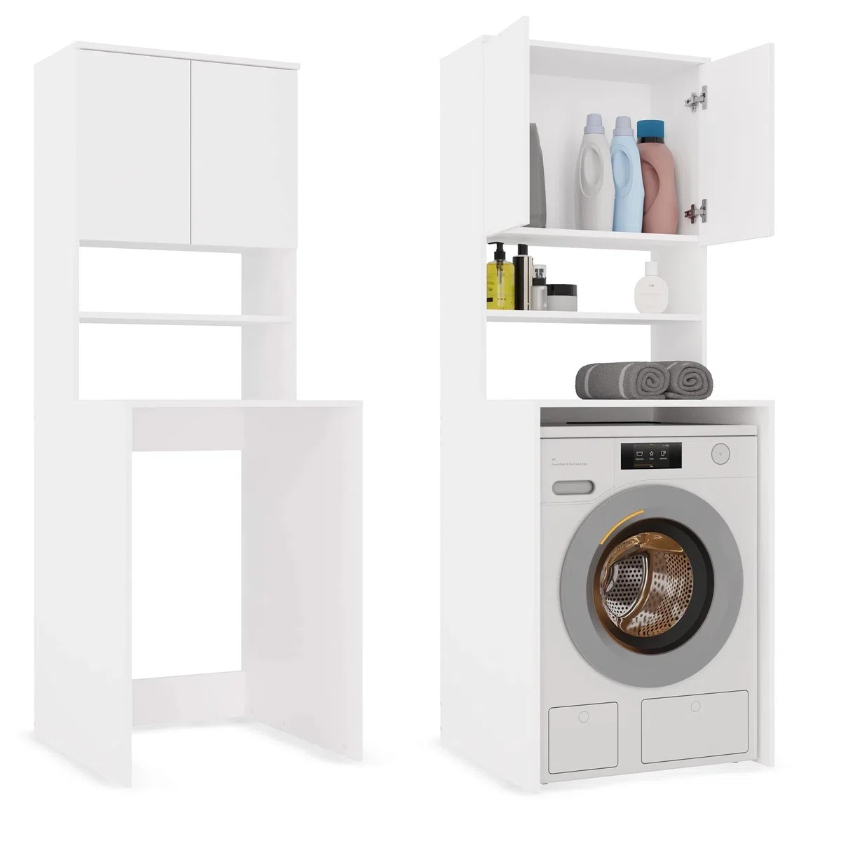 CDF Armario de baño poste para lavadora y detergentes - Estante de baño de lavandería - Muebles para accesorios de baño Medidas de limpieza funcional práctico - Ahorro de espacio - Campos Blancos