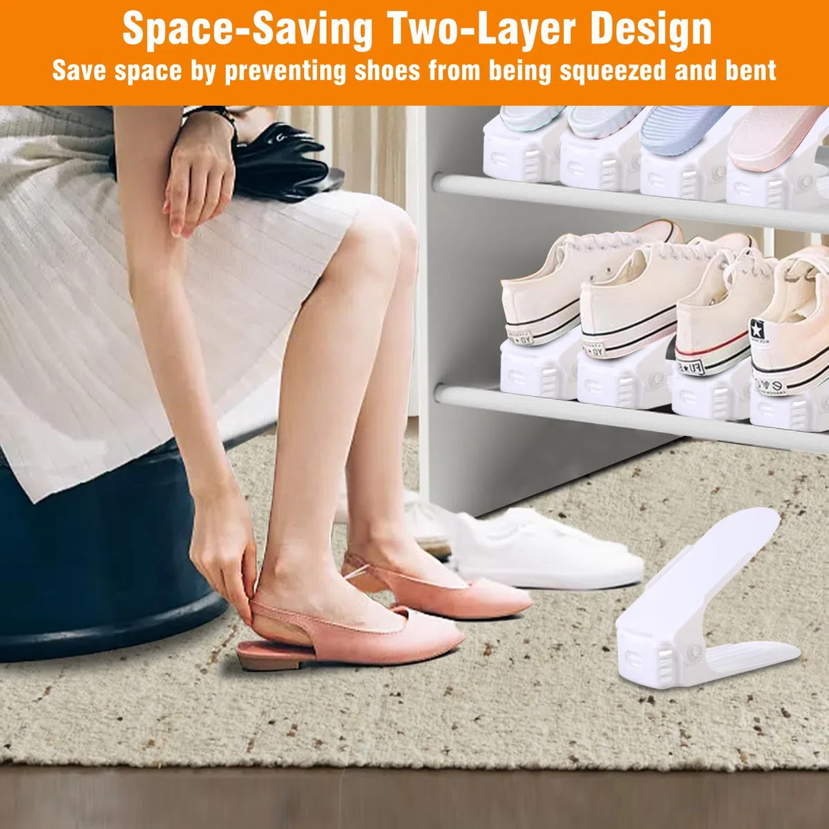 Juego de 10 Organizadores Zapatos Niveles 4 Alturas Ajustable,Organizador Zapatero Plástico,Soporte Calzado Ahorra Espacio para Mujeres,Hombres,Organización Zapateros Nivel Doble para Armario (Blanco)