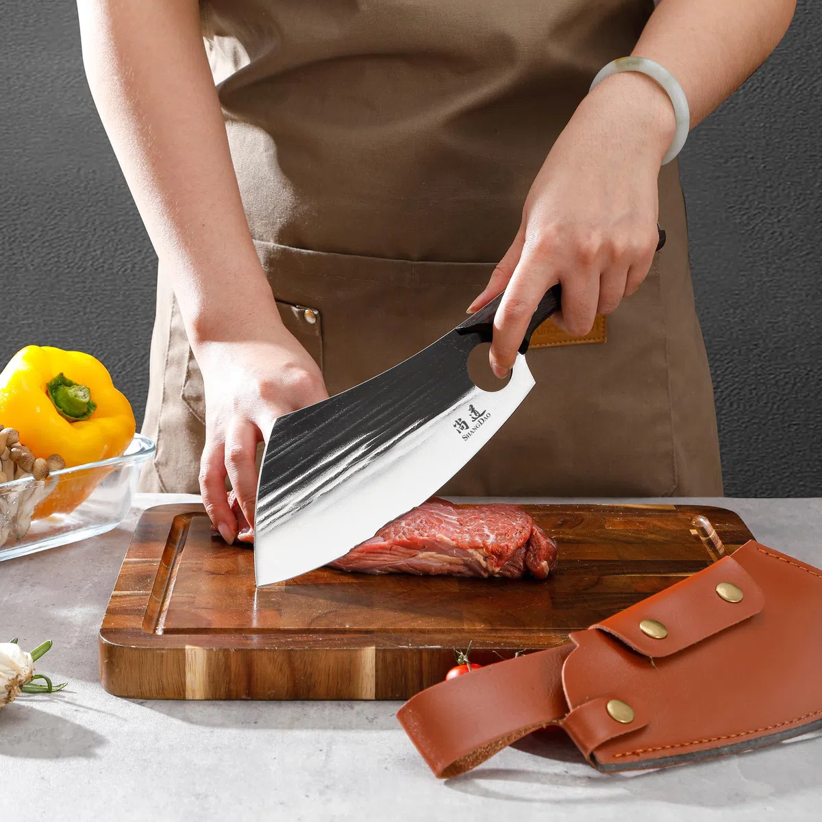 SHANGDAO Cuchillo de chef de 19 cm, cuchillo de chef serbio mejorado, cuchillo de carnicero para cortar carne, cuchillo de carnicero forjado con funda, cuchillo de cocina de espiga