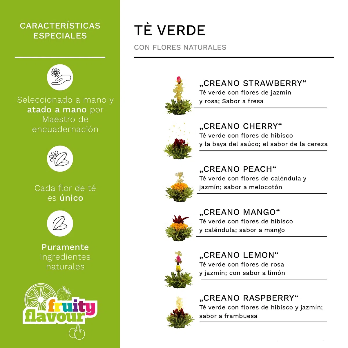 Creano Flores de Té Verde 6 uds en Caja Corazón con Tetera de Vidrio 500ml Antigoteo – 6 Variedades – Regalo Romántico para Ella