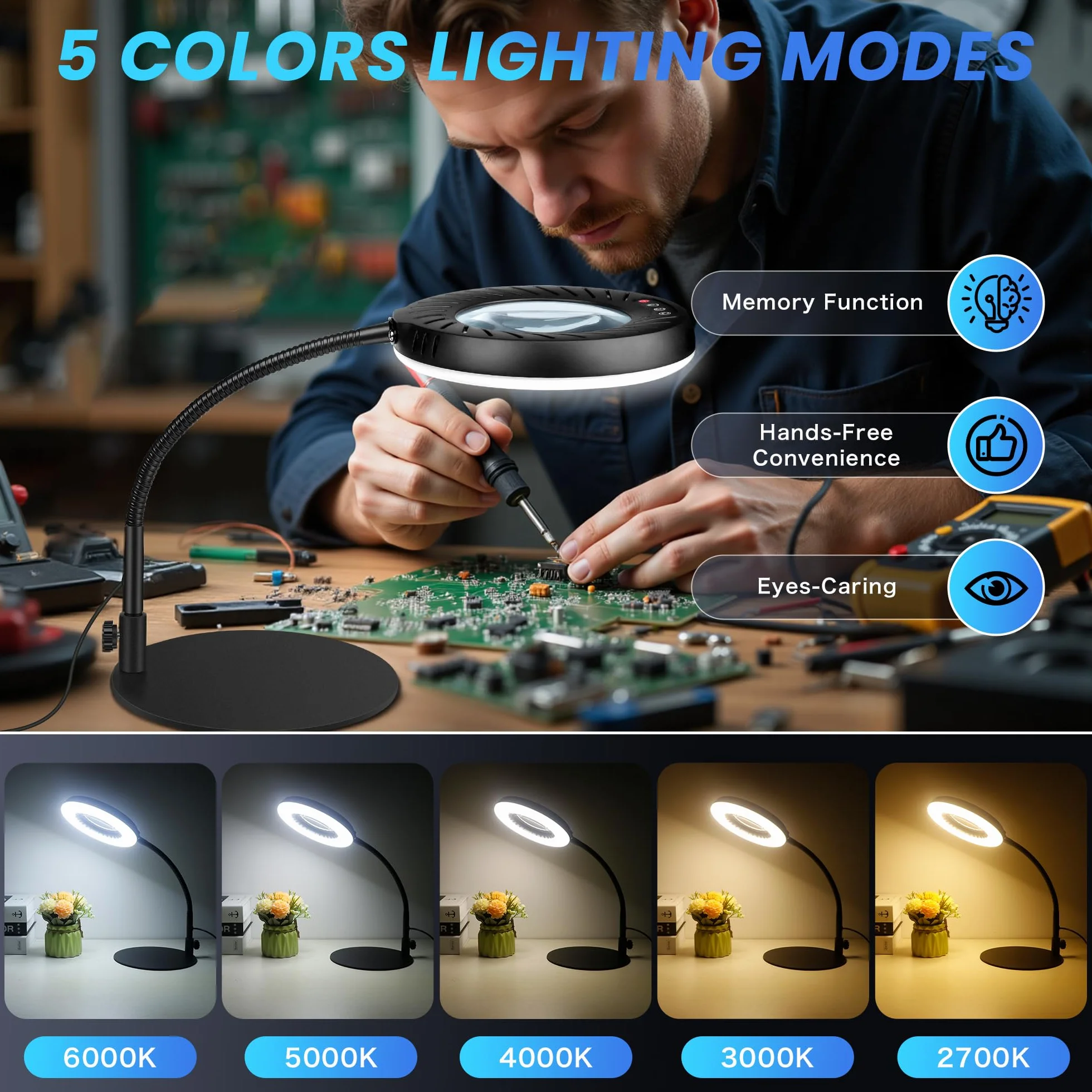 12X Lupa con Luz y Soporte & Mordaza, Adaptador 2A incluido, 5 Modos de Color 9 Brillo, Lupa de Trabajo con 144 LED para Trabajos de Precision Modelismo Pintura de Miniaturas Lectura Coser, Negro