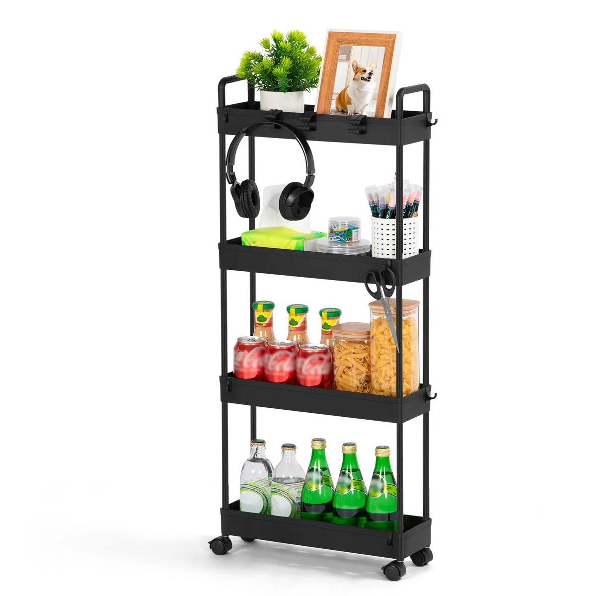 FoiiLiio Carrito Auxiliar de 4 Niveles,Carro de Cocina Estrecho Alto con Ruedas,Carro de Almacenamiento,Carrito con Ruedas para Cuarto de baño,Cocina,38.8 x 12.5 x 90.7 cm,Negro