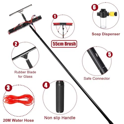 Kit de Limpieza con pértiga de Agua – Cepillo de Aluminio de 15 m con dispensador de jabón, rasqueta y Manguera de 20 m – Ideal para Lavar Paneles solares y Limpiar Exteriores.