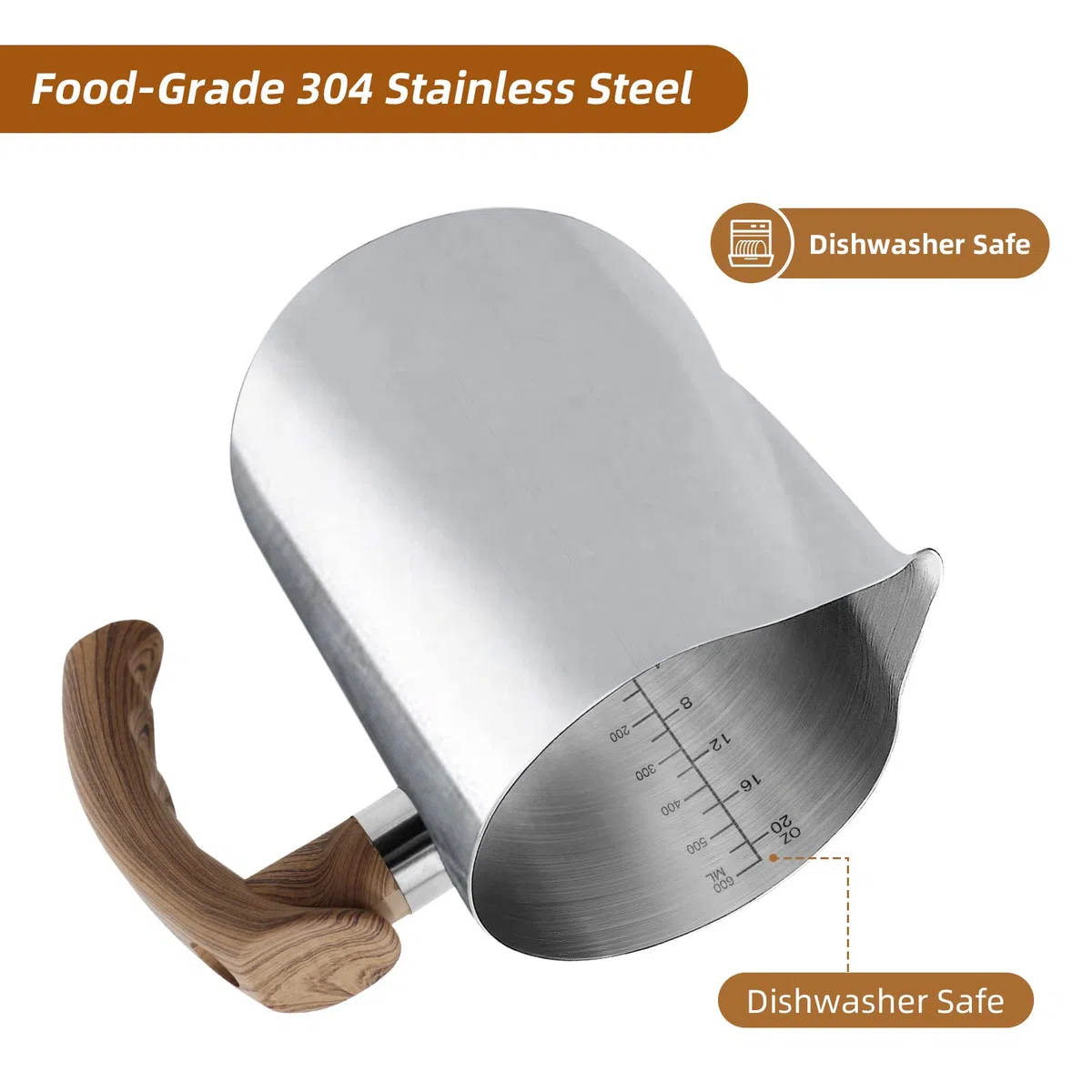Jarra de acero inoxidable para espumar leche – 20 onzas (600 ml), jarra de vapor espresso con mango antiquemaduras para café, capuchino, arte con leche
