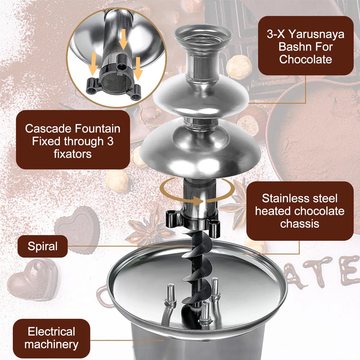 Fuente de chocolate eléctrica, fuente de chocolate de 3 niveles, máquina de fondue de chocolate de acero inoxidable con 60W, capacidad de 450g, para fiestas, cumpleaños, Navidad