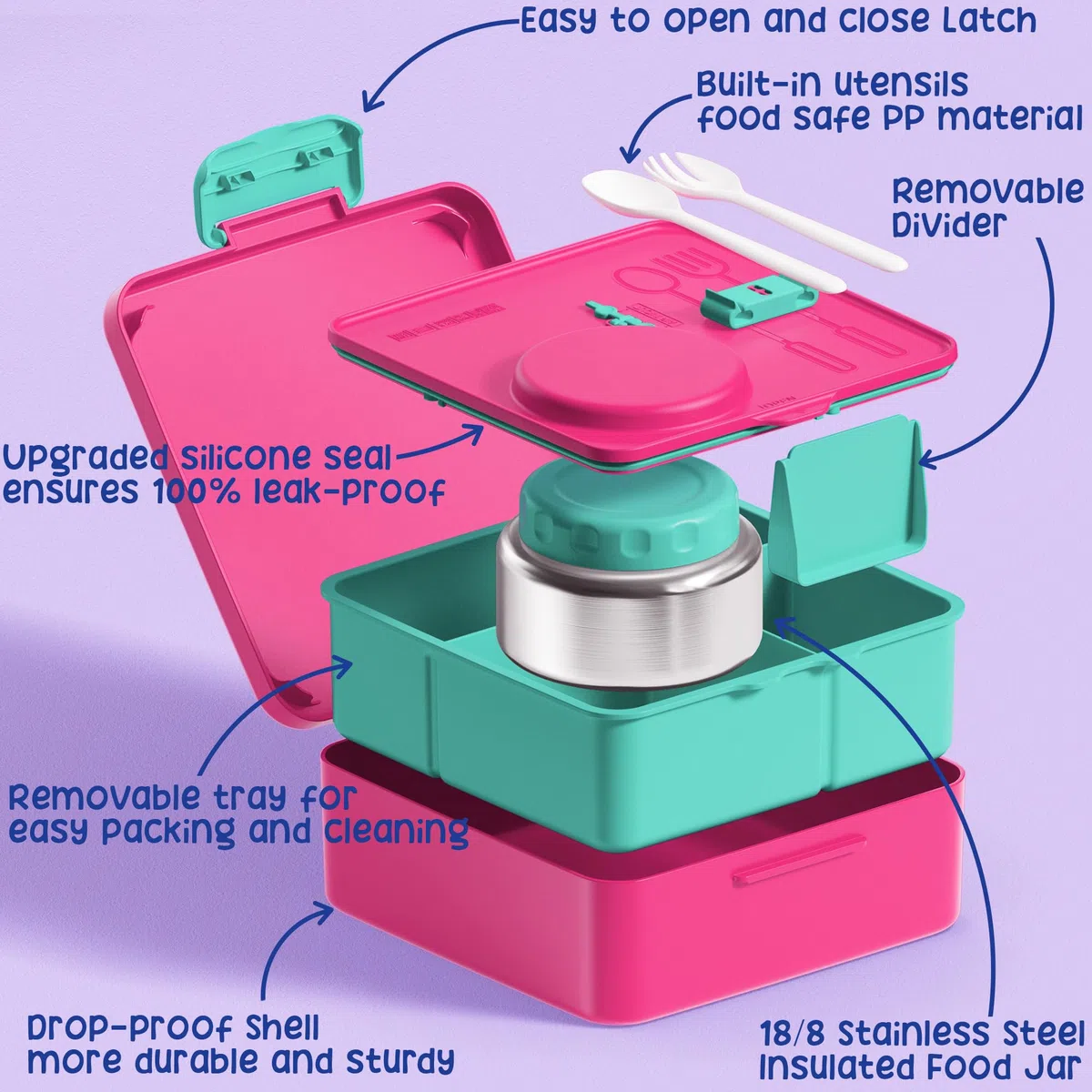 Fimibuke Bento Box para niños y adultos con tarro térmico de 8 onzas y bolsas de almuerzo aisladas, a prueba de fugas, apta para lavavajillas, contenedor de alimentos con 3 o 4 compartimentos para