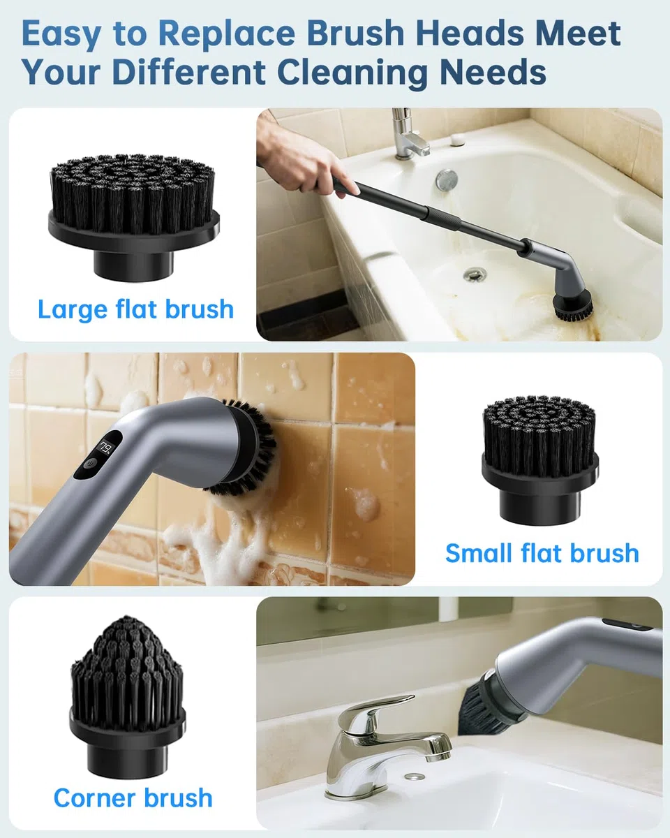Limpiador giratorio eléctrico, IPX7, impermeable, doble velocidad, cepillo de limpieza inalámbrico con 7 cabezales de cepillo, mango largo extensible para baño, ducha, bañera, tina, vidrio, azulejos