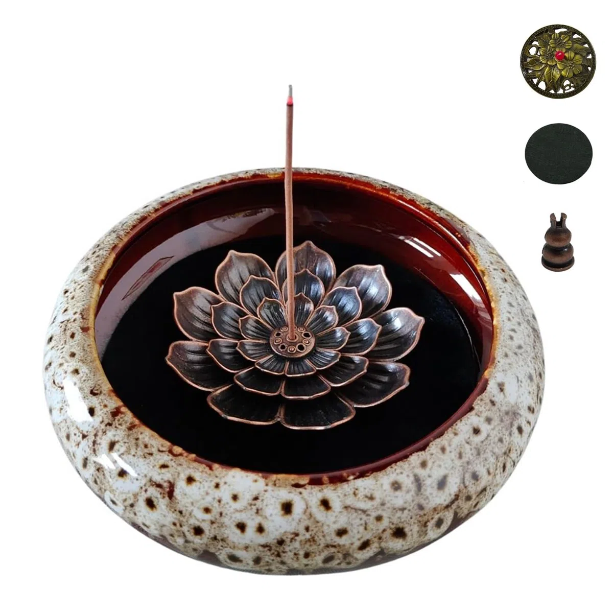 Quemador de Incienso de Cerámica, Soporte para Incienso con Soportes de Loto de Latón y Metálico Tapa para Meditación Yoga Encimeras Decoración del Hogar, Blanco