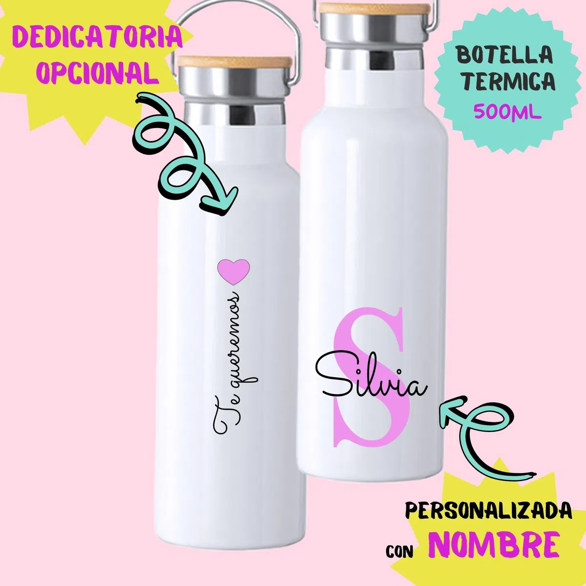 Pack Personalizado con DEDICATORIA Y NOMBRE eh Botella Térmica 500ml y Bolsa de Tela, Diseño con Inicial, Botella Personalizada, regalo profesores