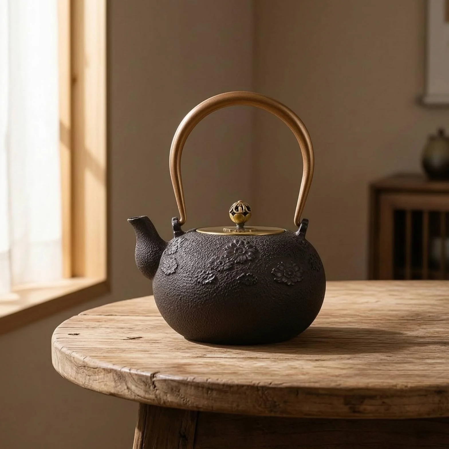 Tetera de Hierro Fundido Tetera Hervidor Jarra Caldera con Colador Interno y Acabado en Relieve Rústico Mango Arqueado y Control de Vertido Adecuada, Black, Chunsemanyuan