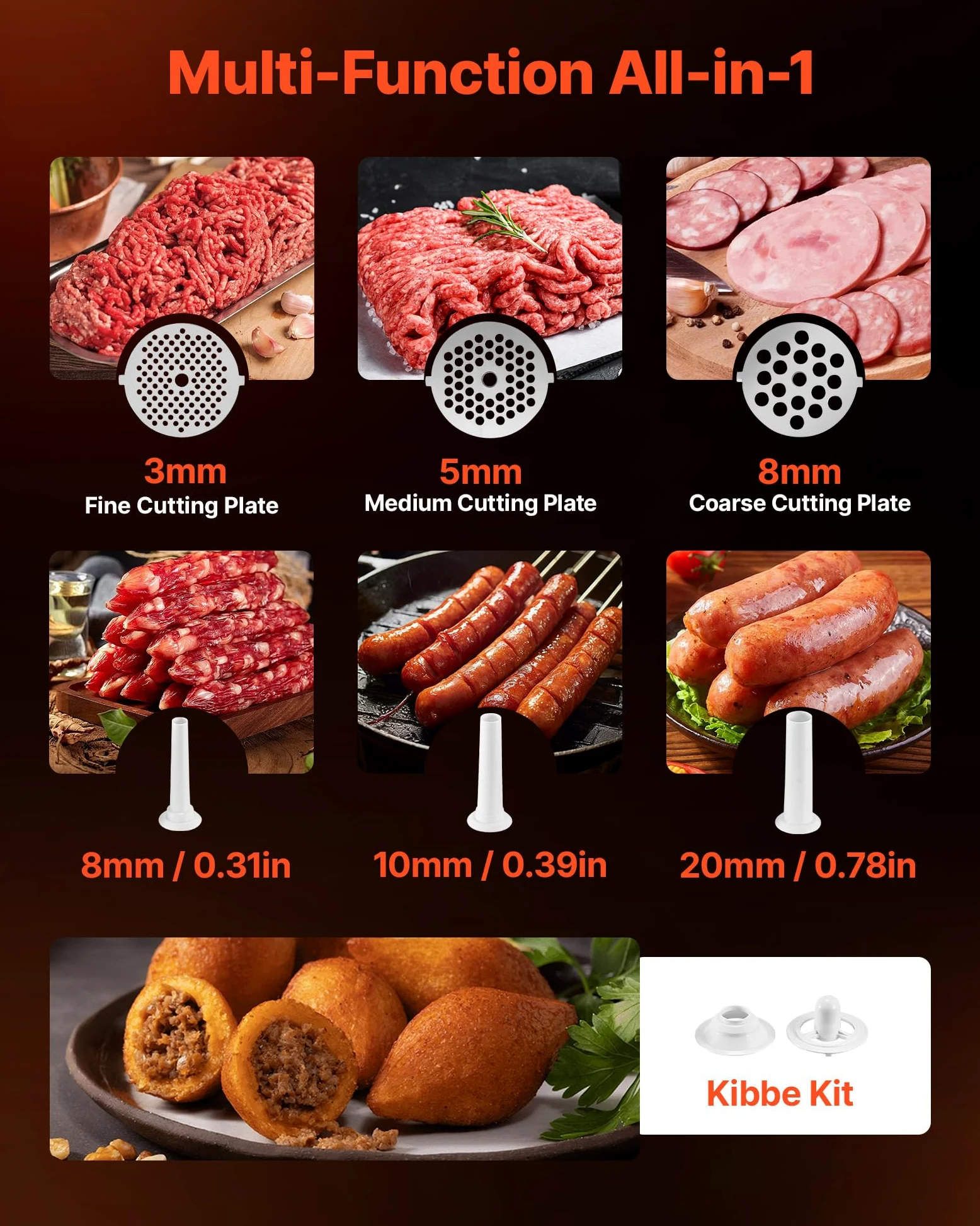 VEVOR Picadora de Carne 700 W 0,77 HP, Picadora de Carne Eléctrica Capacidad de 2,3 kg/min, con 3 Discos de Molienda, 3 Tubos de Embutir Salchichas, para Cocinas Domésticas, Restaurantes, Carnicerías
