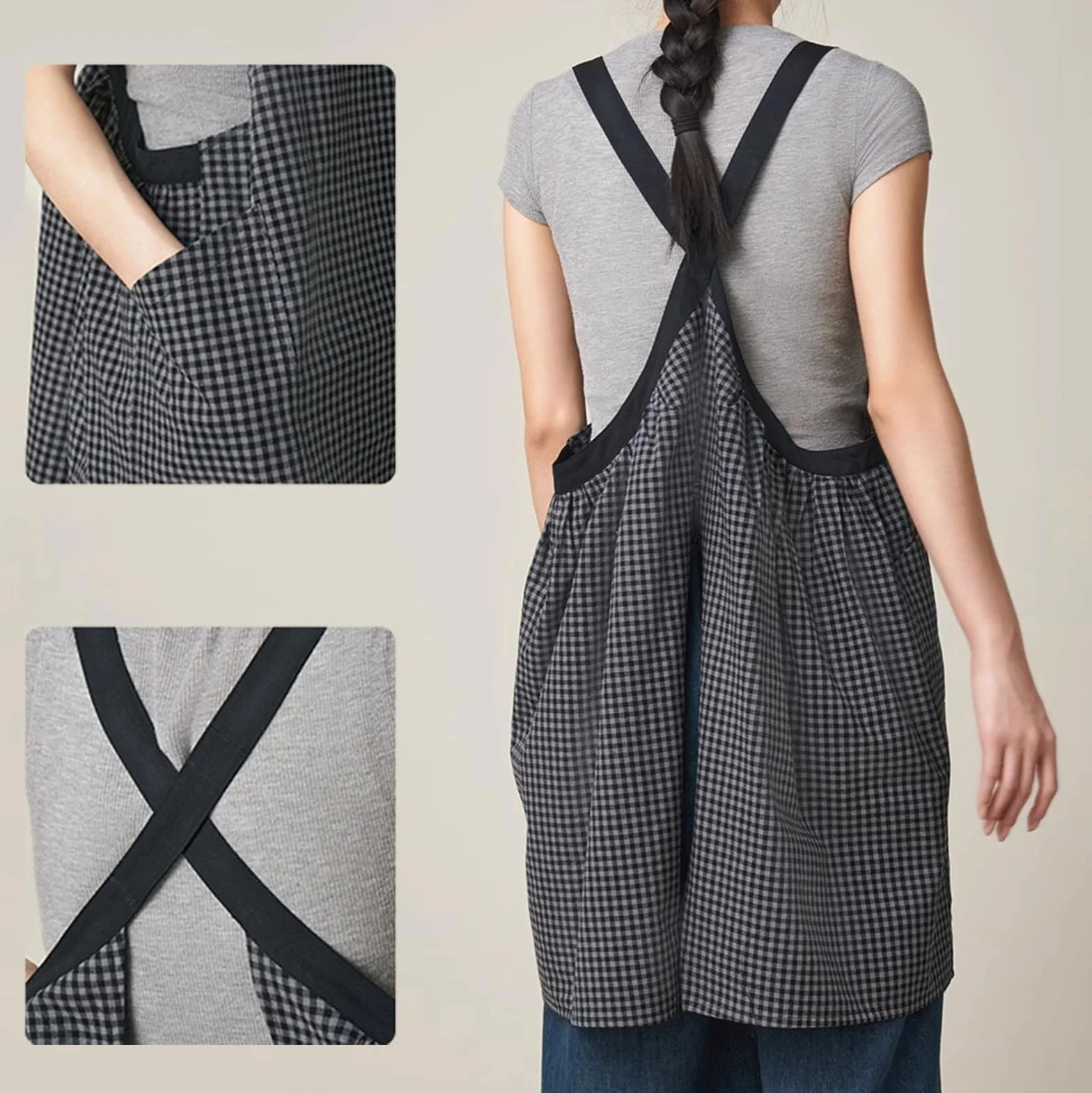 Delantal Mujere De Algodón con 2 Bolsillos, Japón Estilo, Delantales Cocina para Mujeres Cocinar Y JardineriaGrey,One Size