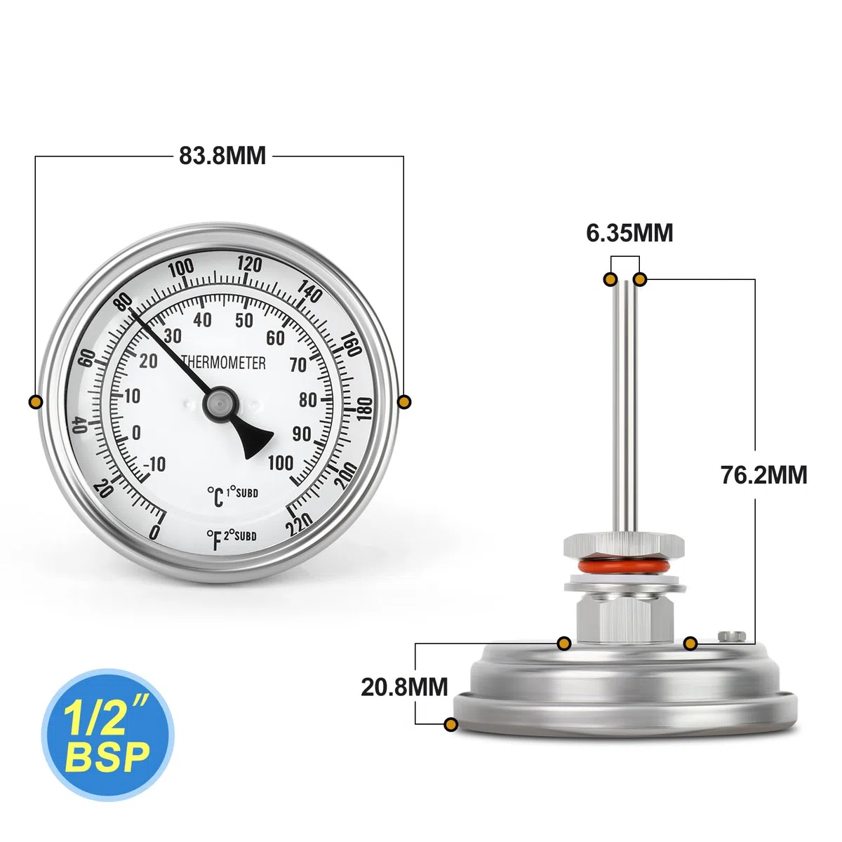 MEANLIN MEASURE 1/2" BSP Termómetro bimetálico para agua caliente,calderas y tuberías,esfera de 3.3",vástago de acero inoxidable de 3",rango de temperatura de -10 a 100℃/0 a 220℉, precisión del 2%
