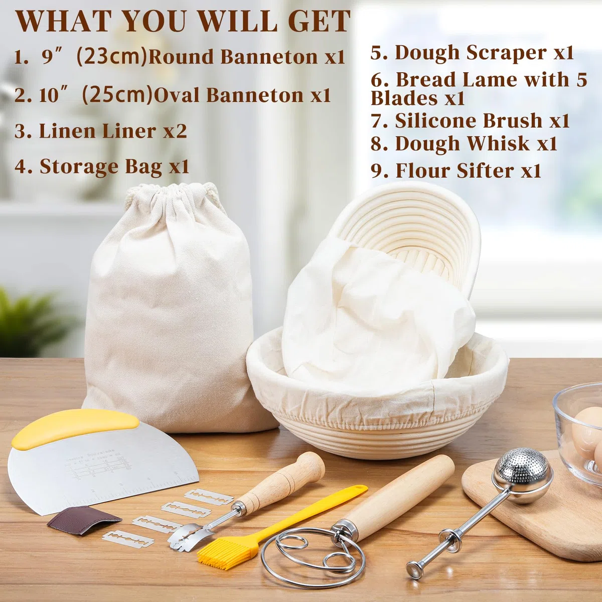 Banetones para Pan, Sopito Banneton 2 piezas Cesta Pan con Paño de Lino, Raspador de Masa, Cepillo de Silicona, Batidor de Masa, Cuchillo de Panadero, Tamiz de Harina, Bolsa de Almacenamiento