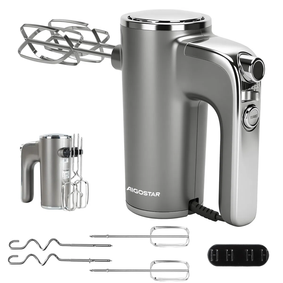 Aigostar Batidora de Varillas 400 W con 5 Velocidades y Función Turbo, 2 Varillas y 2 Ganchos, Batidora Amasadora Reposteria de acero inoxidable, Soporte de Almacenamiento. Adela