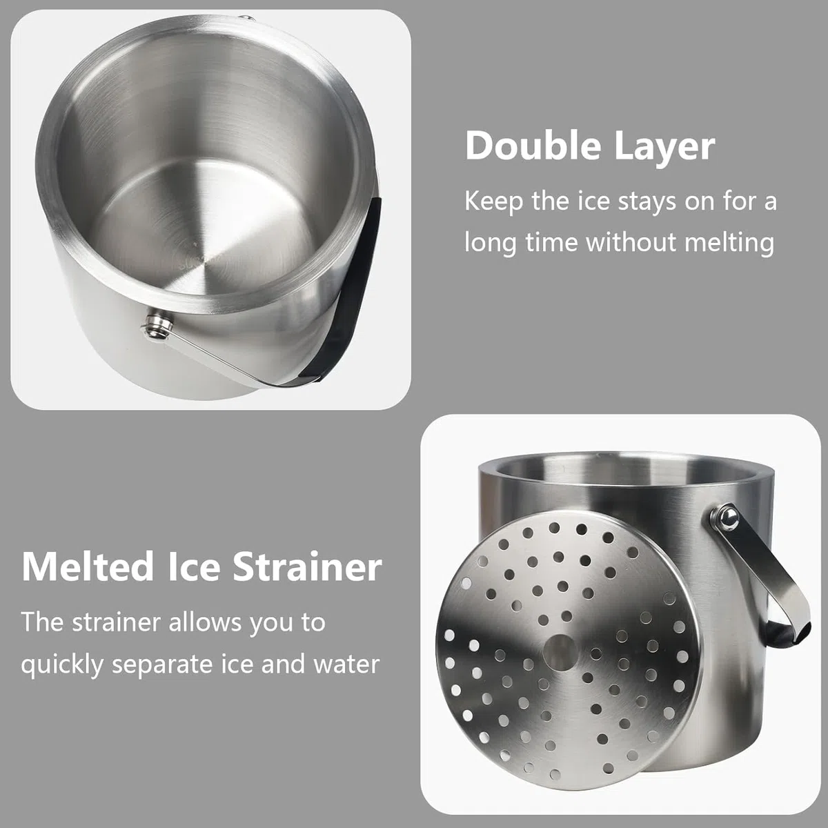 Minnnhua 3L Cubiteras para Hielo Grande Hielera Portátil Cubiteras para Botellas de Doble Pared de Acero Inoxidable Champanera con Tapa Colador Cuchara Hielo Y Pinza para Bar Fiestas de Picnics