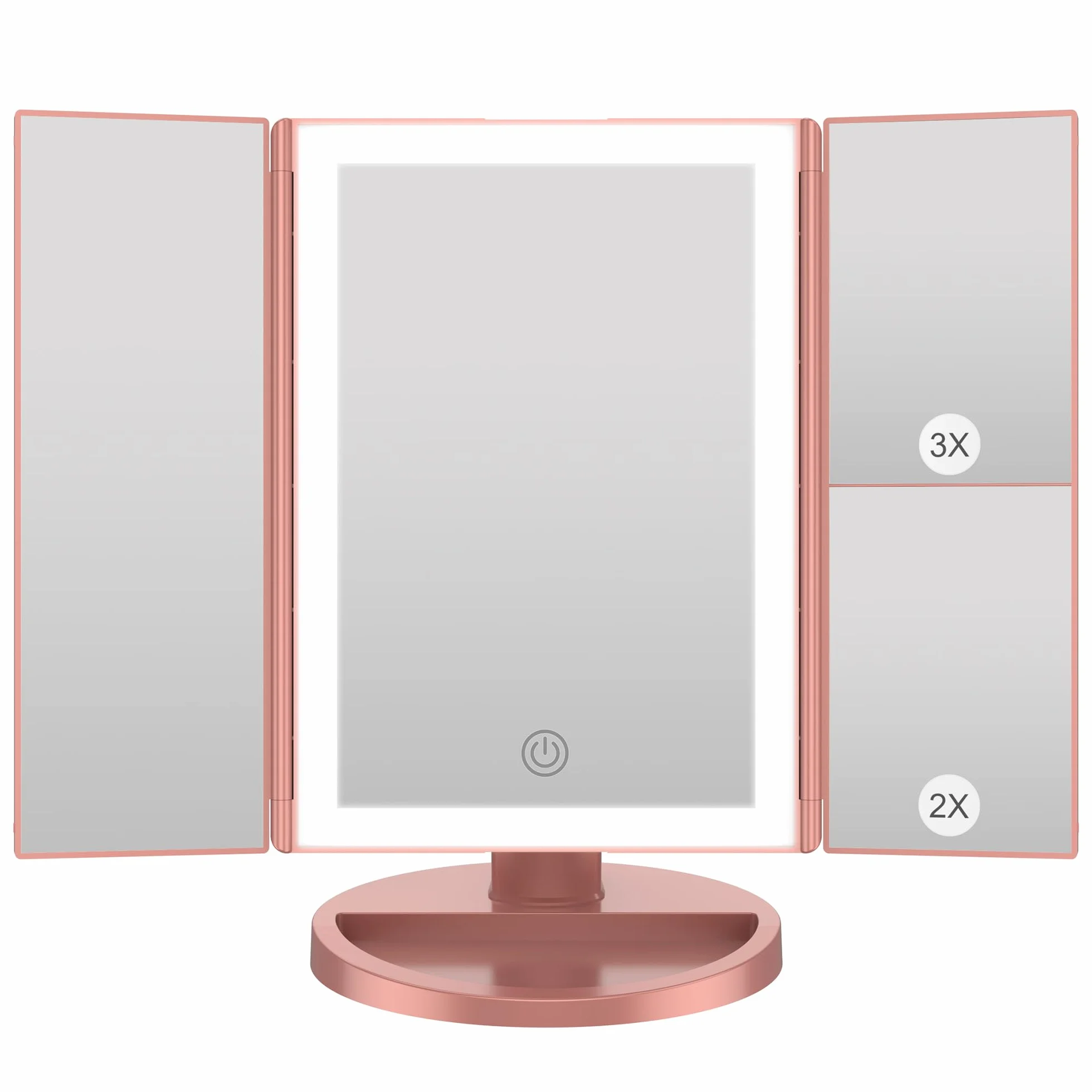 WEILY Espejo Maquillaje con Luz, Espejo Aumento con 1X/2X/3X, Espejo Led Plegable con 36 LED y Pantalla Táctil, Espejo de Mesa Soporte USB y Batería (Oro Rosa)