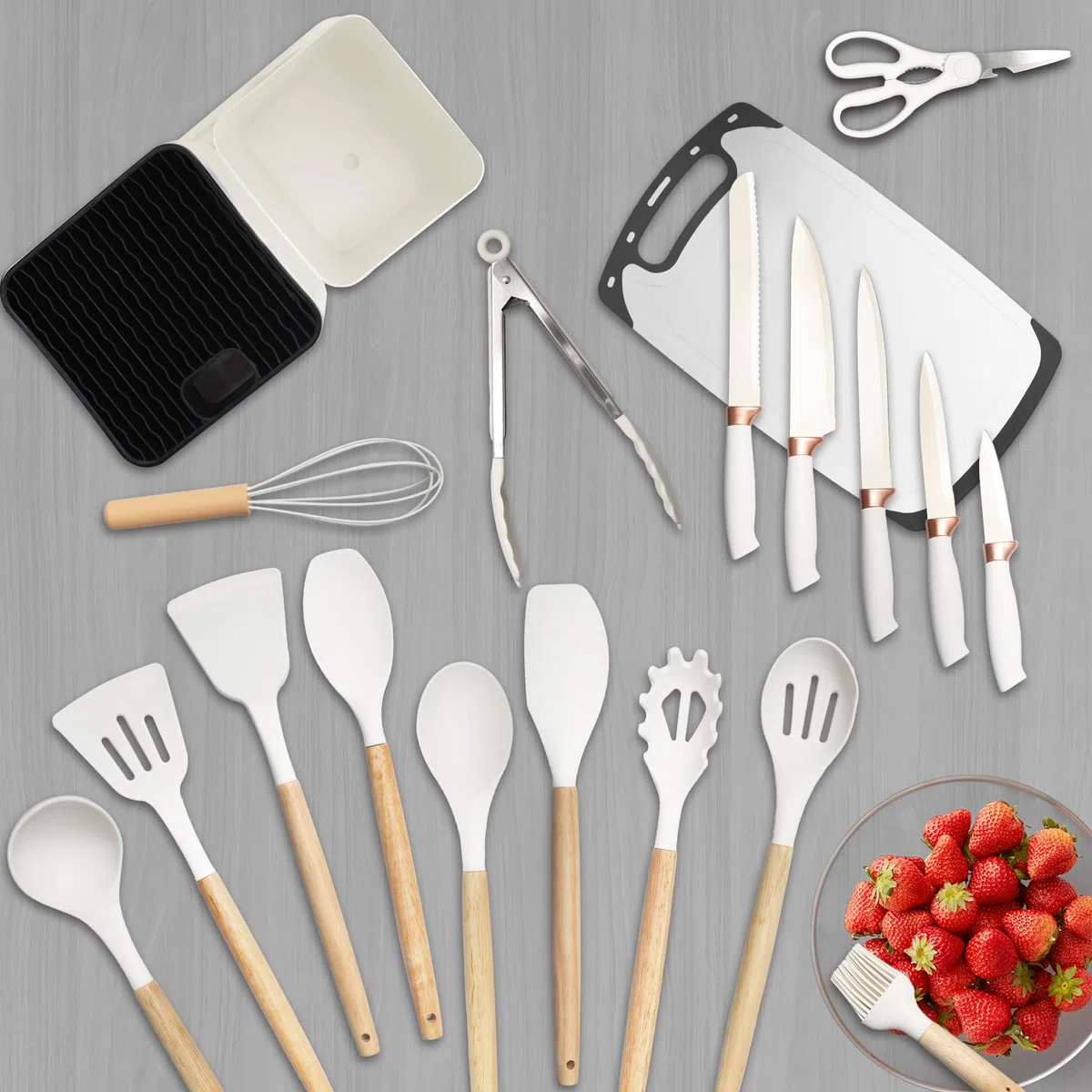 Juego de cuchillos de cocina 19 piezas con utensilios de cocina de silicona 5 cuchillos 12 accesorios antiadherentes 1 tijera tabla de cortar y soporte para ollas antiadherentes (Blanco)