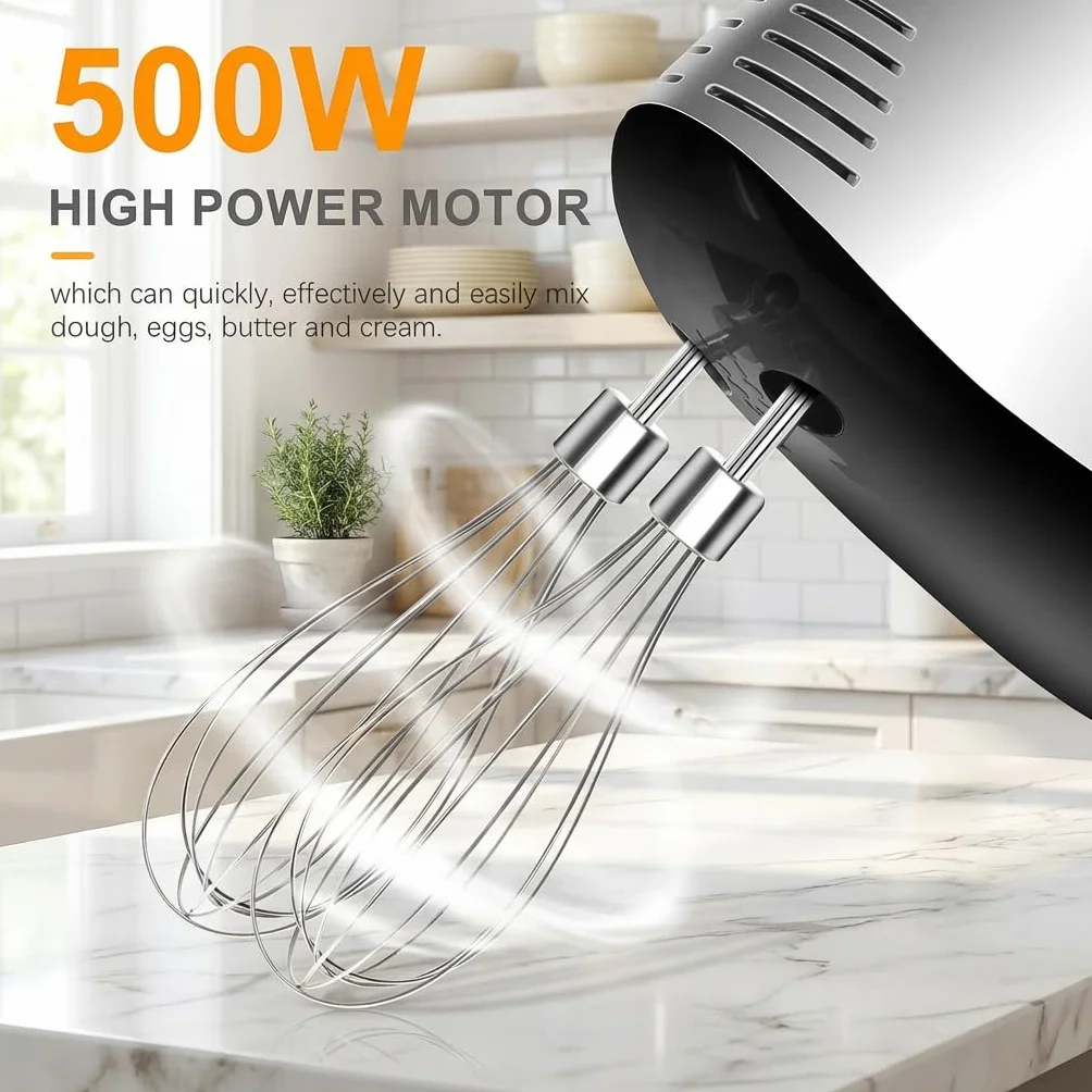 Batidora de Varillas Eléctrica 500W 5 Velocidades y Función Turbo con Varilla de Globo, Batidoras, Garfios Amasadores, Separador de Huevos, Espátula y Soporte de Almacenamiento para Repostería