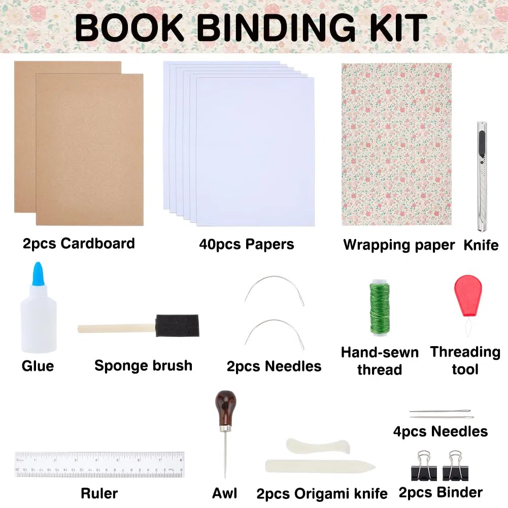 WEBEEDY Kit de encuadernación copta para principiantes, juego completo para hacer un cuaderno A5 con cubierta de flores, papel A4, herramientas hechas a mano