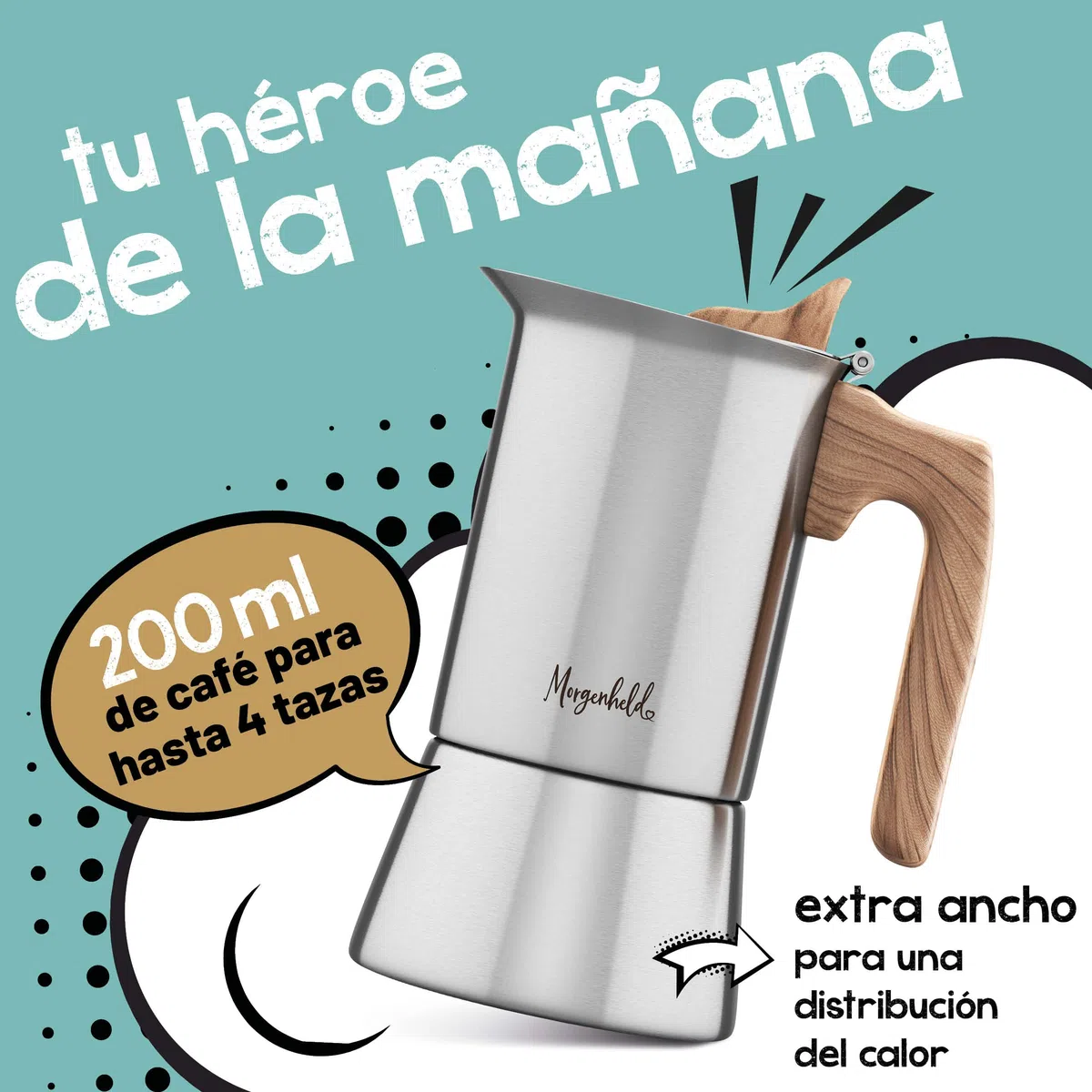 Morgenheld STYLE Cafetera italiana de acero inoxidable 4 tazas (200 ml) – apta para inducción y todo tipo de cocinas – cafetera moka clásica sin aluminio, filtro apto para lavavajillas
