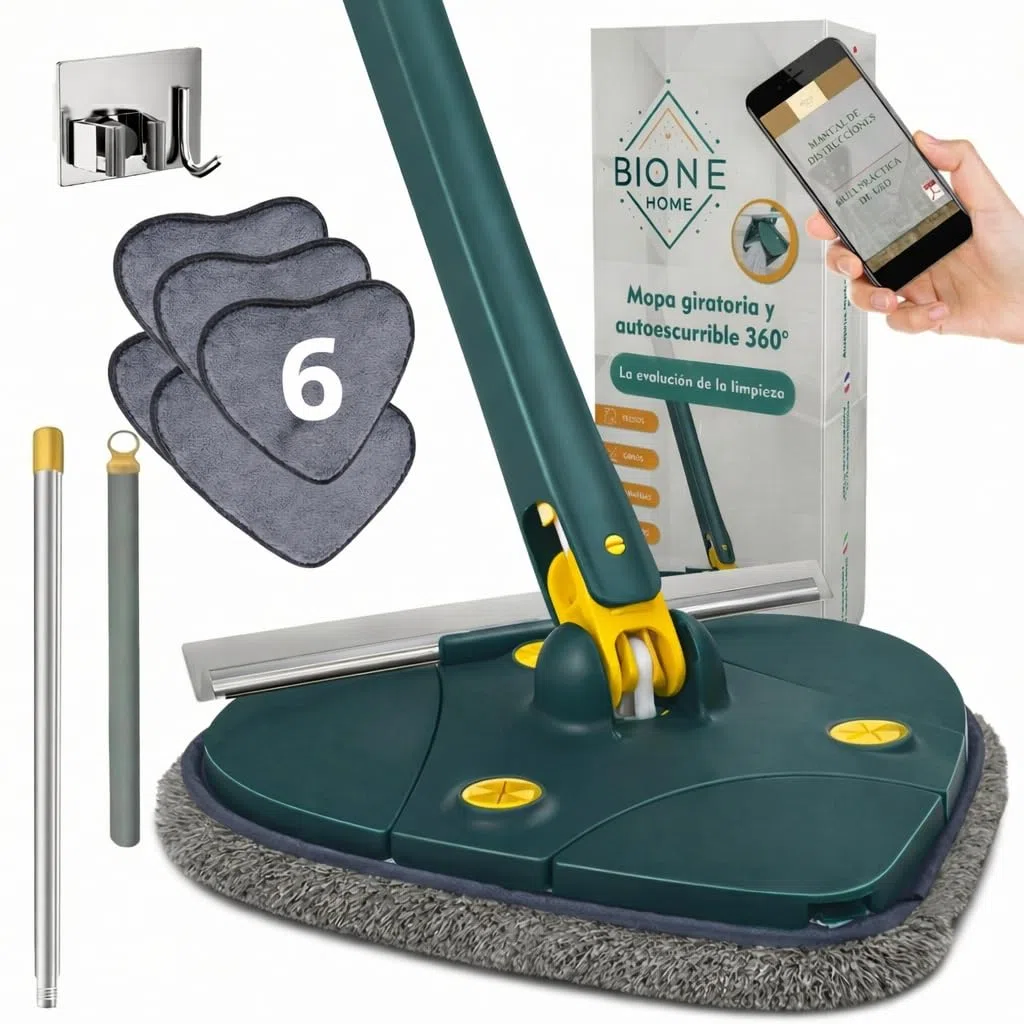 Bione Mopa para Limpiar Azulejos y Paredes con 6 Recambios, Rasqueta Limpiacristales y Colgador - Fregona Triangular Autoescurrible - Mopa Triangular Giratoria 360 - Incluye QR con Manual