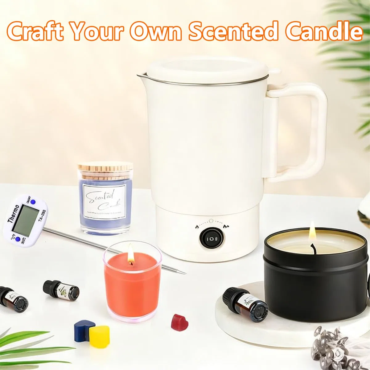 Redrentik Tarro de cera de hierro fundido profesional 800ml, base extraíble, kit completo para velas: olla, termómetro, mechas, pegatinas, soporte y cuchara de mezcla