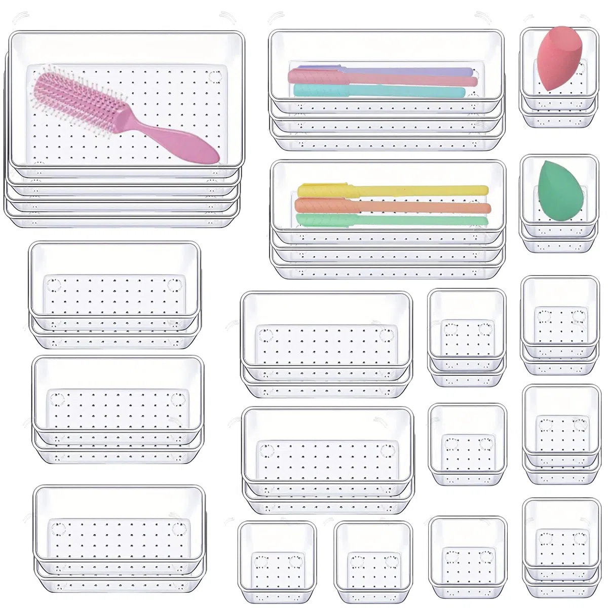 36 Piezas Organizadores de Cajones de Plástico Transparente, Organizador Maquillaje Organizador Cajones Escritorio de 4 Tamaños,Bandejas de Almacenaje Para Joyas, Oficina, Cocina,Baño