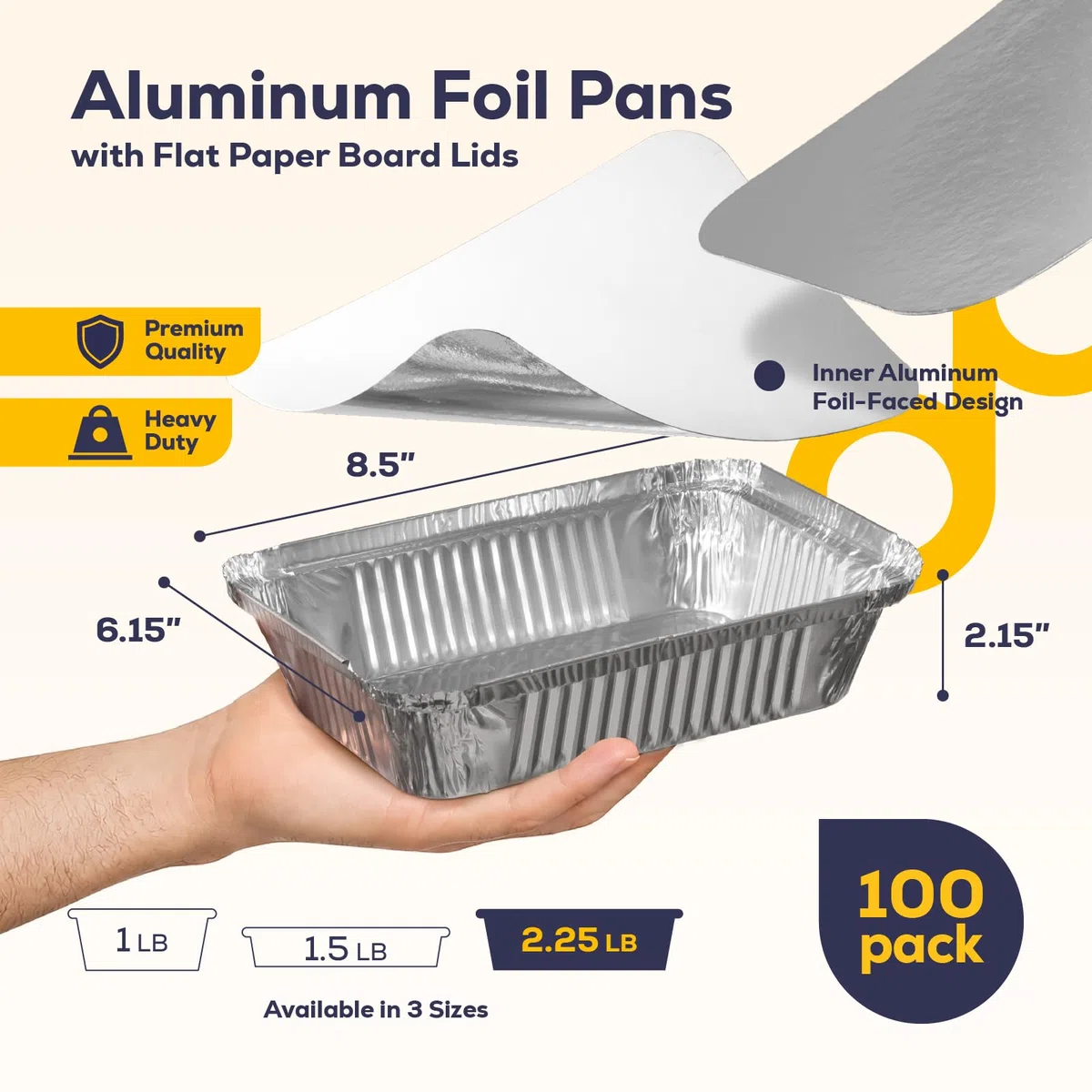 Fit Meal Prep Rectangular Vajilla de Aluminio Pan saca los envases de alimentos con tapas de cartón plano, mesa de vapor para hornear sartenes, 32 oz, 2.25 Lb, Quart 100 Paquete Plata