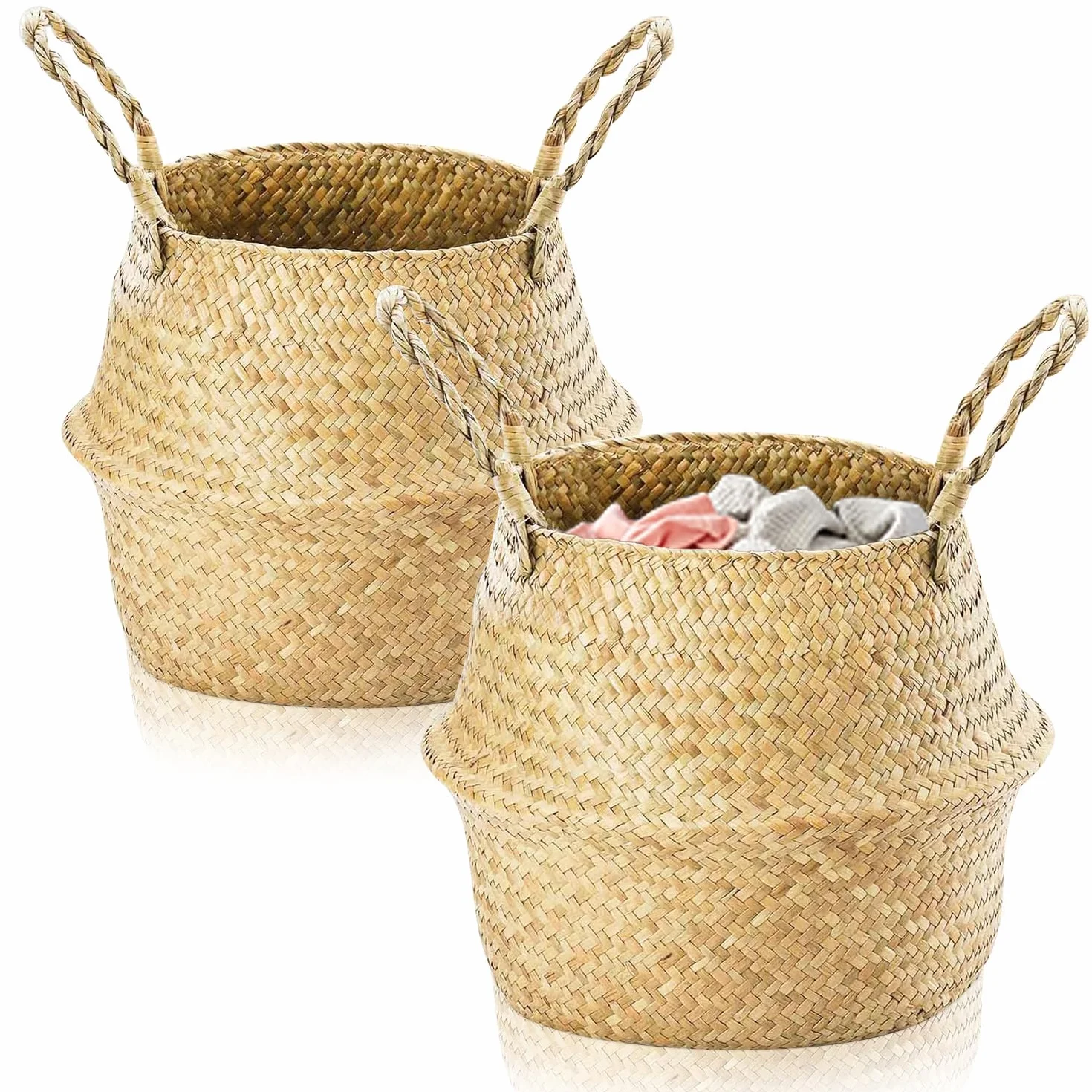 2 cestas de almacenamiento de hierba marina, canasta pequeña para lavandería, cestas para estantes, caja de almacenamiento plegable de ratán, cesta de mimbre con asa, maceta de mimbre para