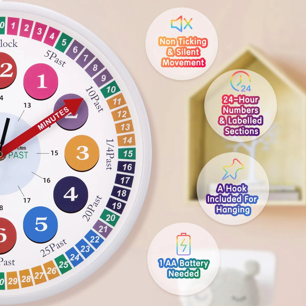 Reloj de Pared para Niños Reloj de Aprendizaje Reloj Infantil para Niños y Niñas Mecanismo Silencioso 30 CM para Habitación de los Niños