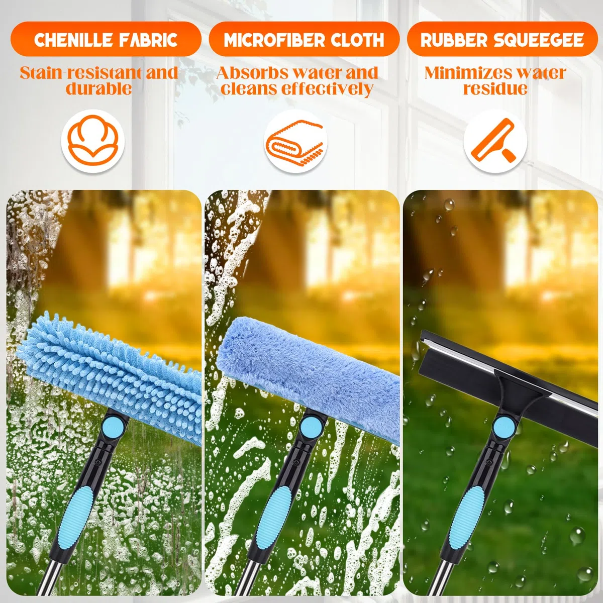 Kit de limpieza de cristales 2 en 1 con barra telescópica de 3,85 m, paños de microfibra y cepillos para grietas, ideal para ventanas altas, coches y ventanas, fácil de usar y seguro