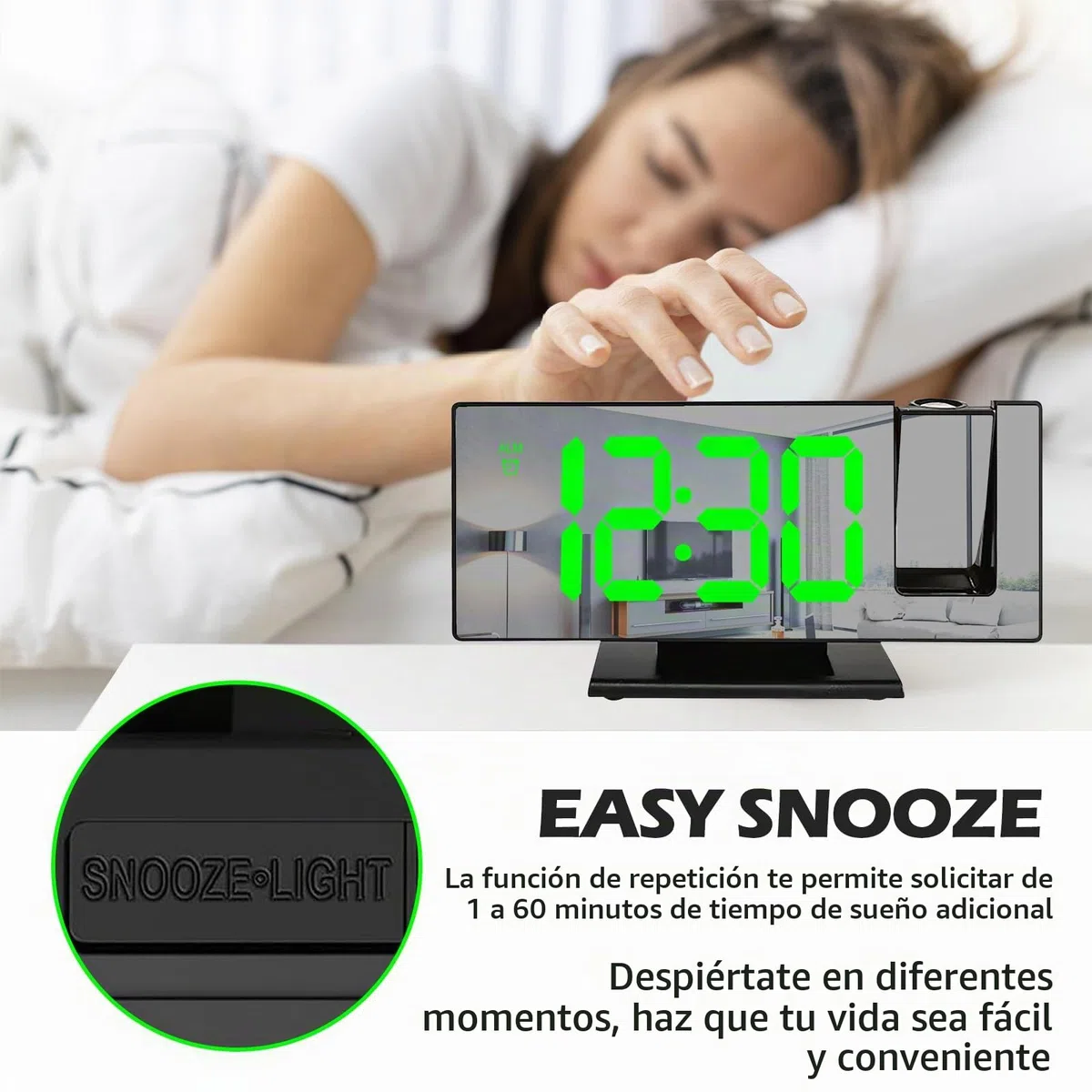 BYZESTY Despertador Proyector Techo, Reloj Proyector Techo, Reloj Despertador Digital, Despertador Inteligente Alimentado por USB, con Gran Pantalla, Temperatura, Snooze, Brillo Ajustable, 12/24H