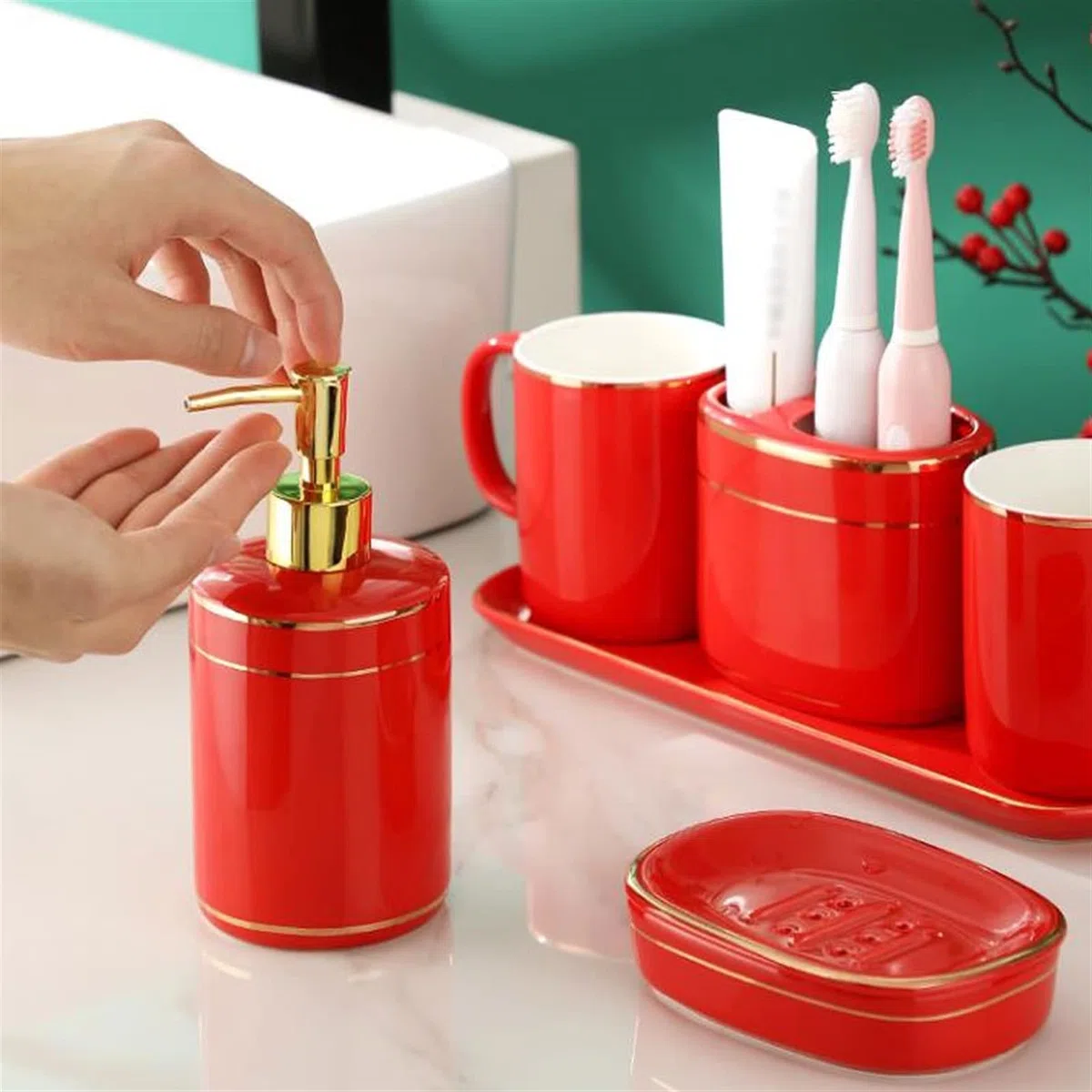 Dosificador de jabón Accesorios de baño Conjunto de cerámica Cerámica de 6 piezas Rojo - Kit de decoración de baño incluye dispensador de jabón Soporte de cepillo de dientes Soporte de cepillo de vaso