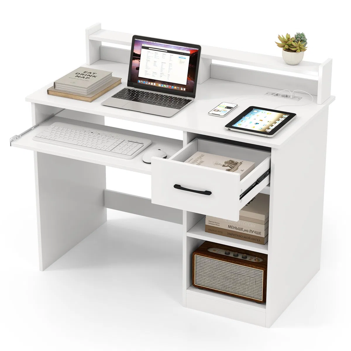 GYMAX Escritorio de Computadora con Estación de Carga, Escritorio de Estudio de 105 CM con Estantes y Cajón, Orificio para Gestión de Cables, Escritorio Moderno y Simple para Dormitorio, Blanco