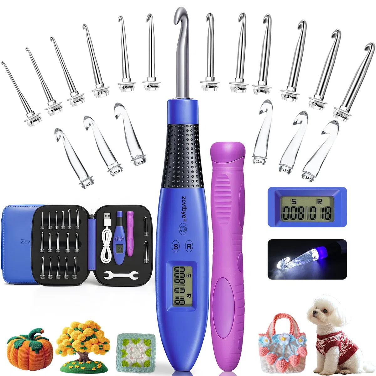 Zcvtbye Juego de agujas de ganchillo digitales, ergonómicas con 18 kits de ganchillo intercambiables, ganchos de ganchillo iluminados con 2 niveles LED, kit de punto para principiantes para contador