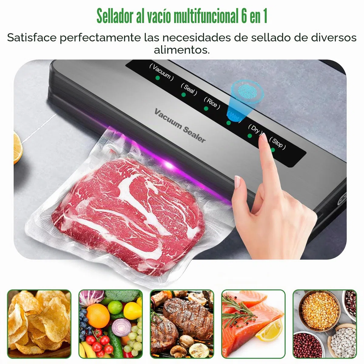 Maquina de Vacio para Alimentos 6 en 1, Selladora Automática de Alimentos Secos y Húmedos, Sellador al Vacío con 20 Bolsas de Vacío y Tubo de Vacío