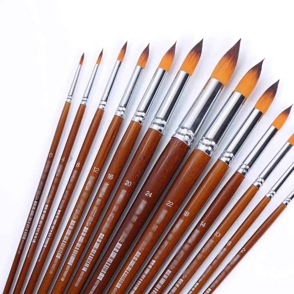 Juego de 13 Pinceles de Acuarela para Artistas, Punta Redonda y Puntiaguda, Pelo de Nailon, Mango Largo de Madera, para proveedores de Pintura artística.,