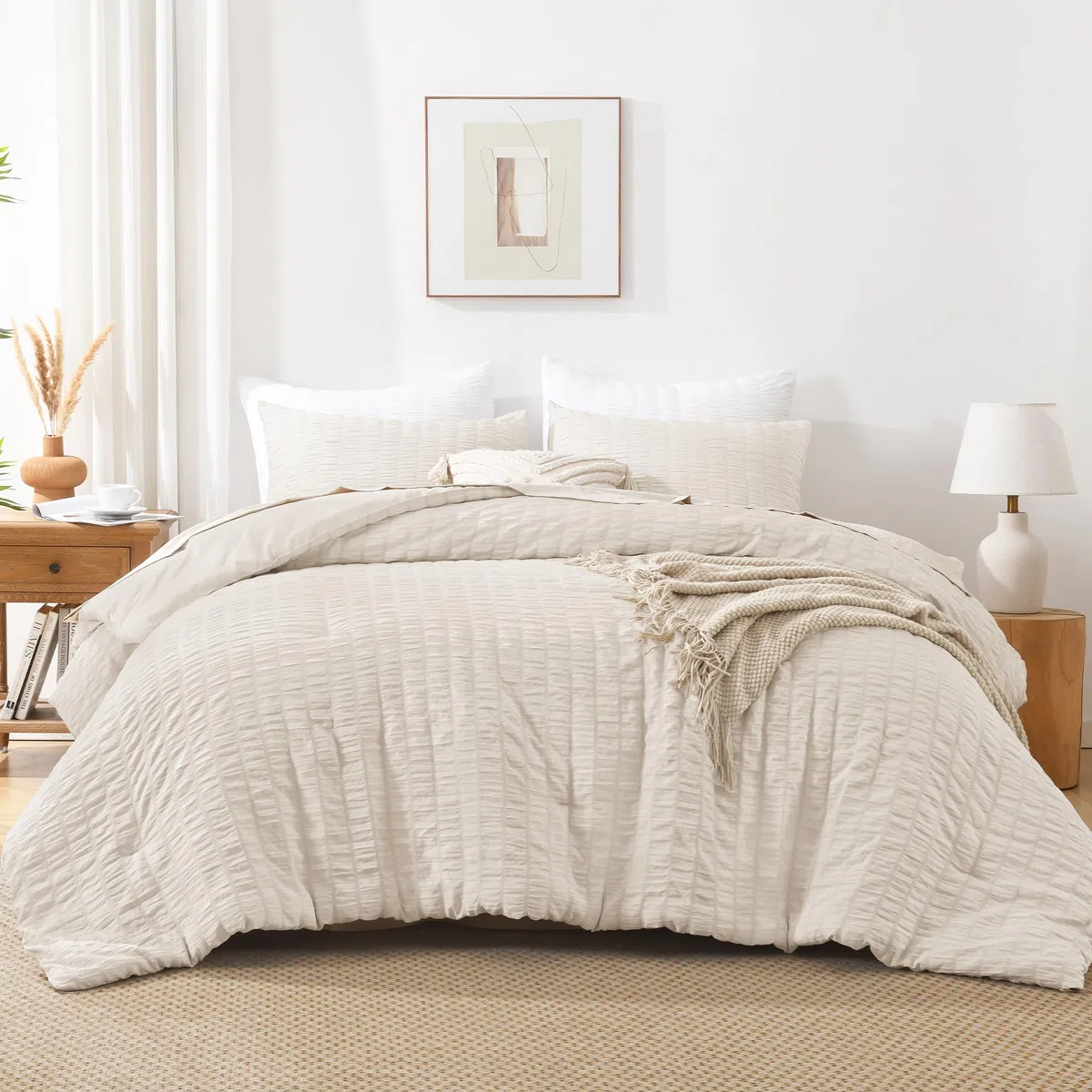 AveLom Juego de edredón Beige Seersucker Queen (90 x 90 Pulgadas), 3 Piezas, 100% Microfibra Lavada Suave y Ligera con 2 Fundas de Almohada, Juego de edredón Alternativo para Todas Las Estaciones
