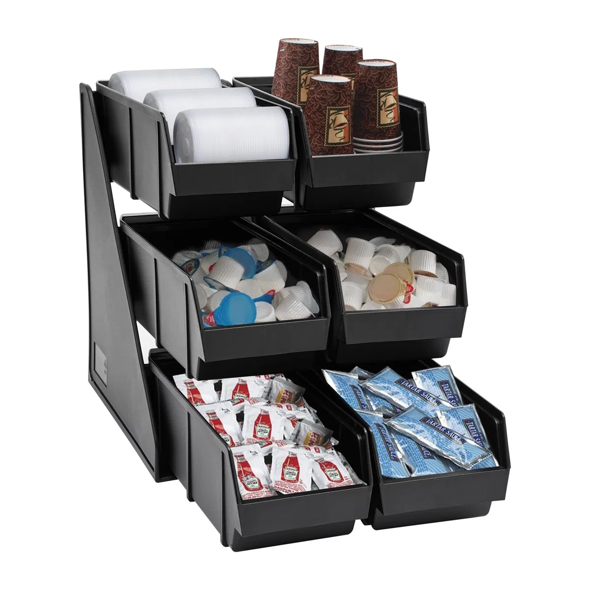 Soporte Organizador de condimentos de 3 Niveles con 6 Compartimentos para condimentos, Sobres de Salsa y café, de plástico Negro. Organizador de Almacenamiento para Bar, Restaurante, cafeter