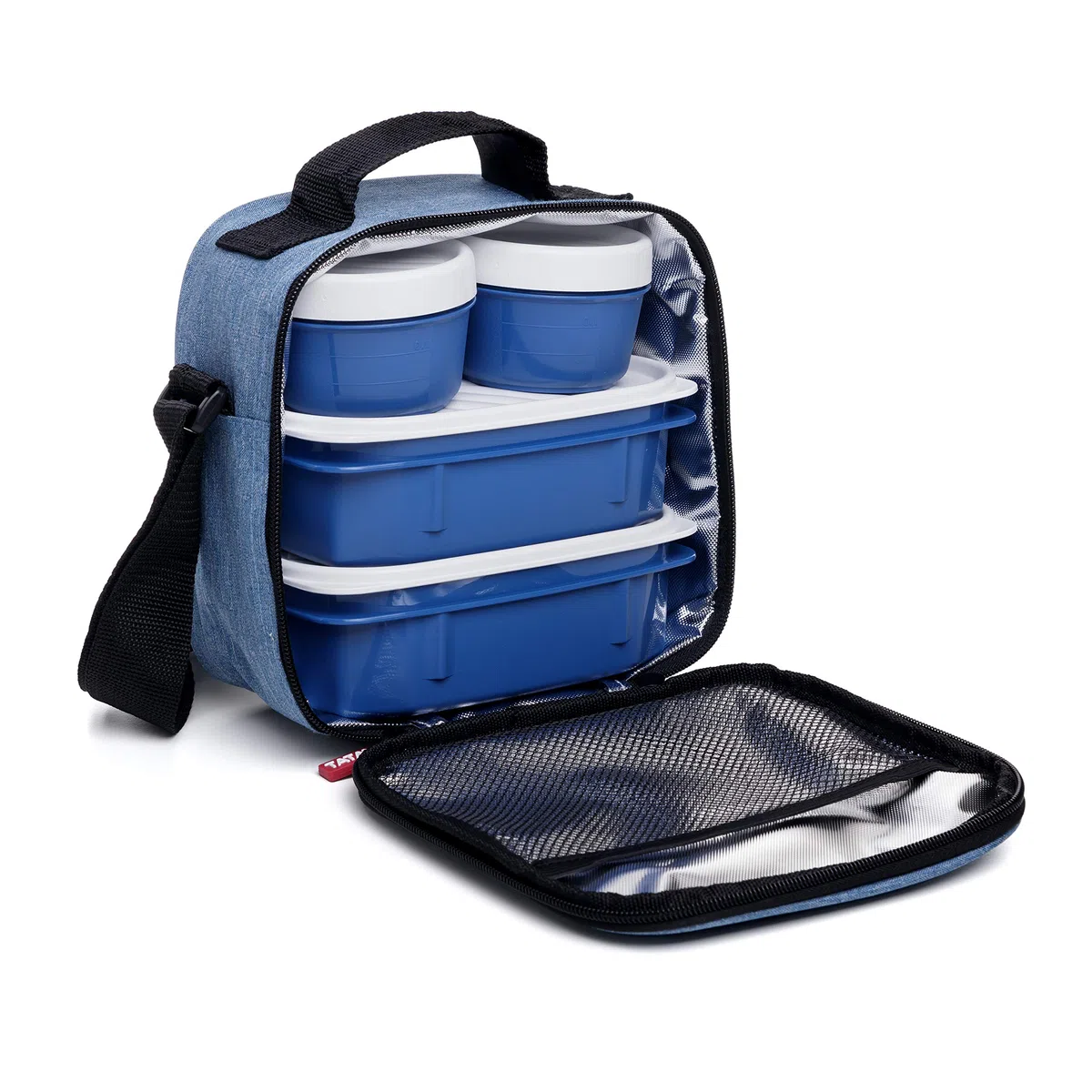 Tatay Bolsa Termica Porta Alimentos Impermeable - Urban Food Casual 3L | 4 Fiambreras: 2x0,5L + 2x0,2L | Triple Capa Aislante | Cuerpo Semirrígido | Bolsillo Interior | 22,5x10x22cm, Azul Denim