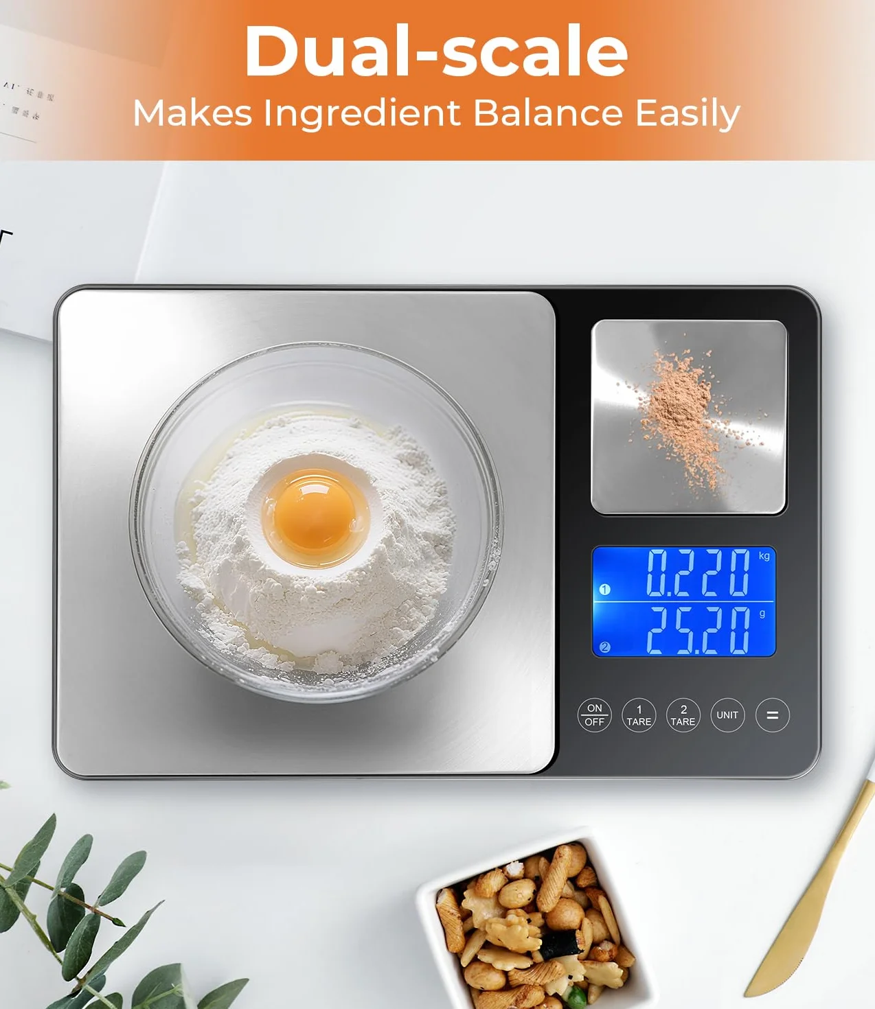 Báscula de Cocina Digital con Doble Plataforma (10kg/1g & 500g/0.01g), Recargable por USB & con Pilas, Acero Inoxidable, Pantalla LCD, 7 Unidades, ideal para Cocina & Repostería