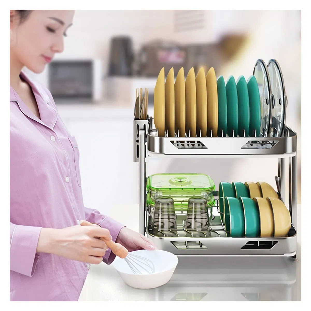 Genérico Escurridor de Platos de Acero Inoxidable con escurridor, escurridor de encimera de Cocina Inoxidable, for secar tazones, Platos y Tazas(2 Layer 42x35cm)