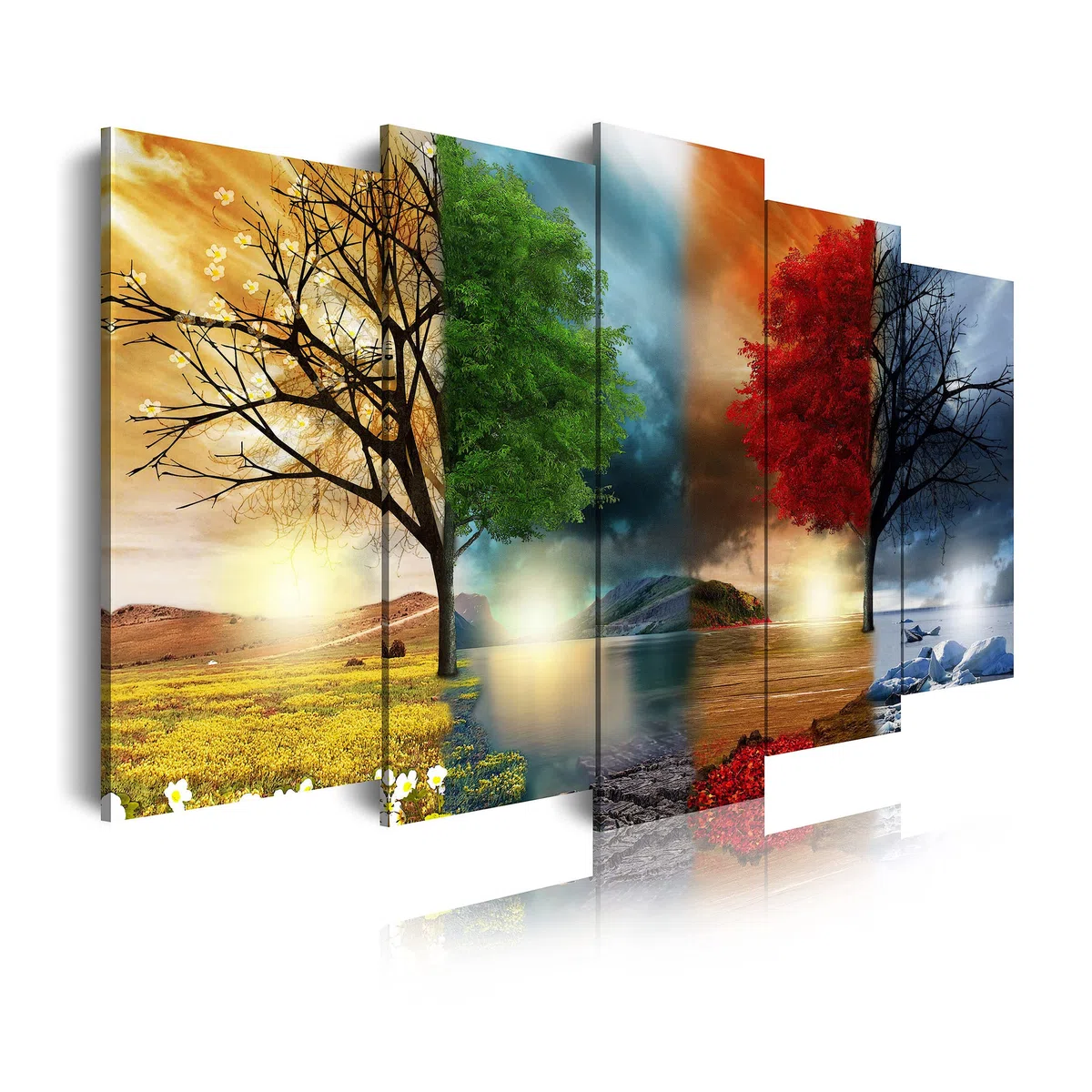 DekoArte - Cuadros Modernos Impresión Imagen Artística | 5 Piezas 150x80cm | Lienzo Decorativo Para Tu Salón o Dormitorio | Estilo Paisaje Cuatro Estaciones del año Árboles Rojo