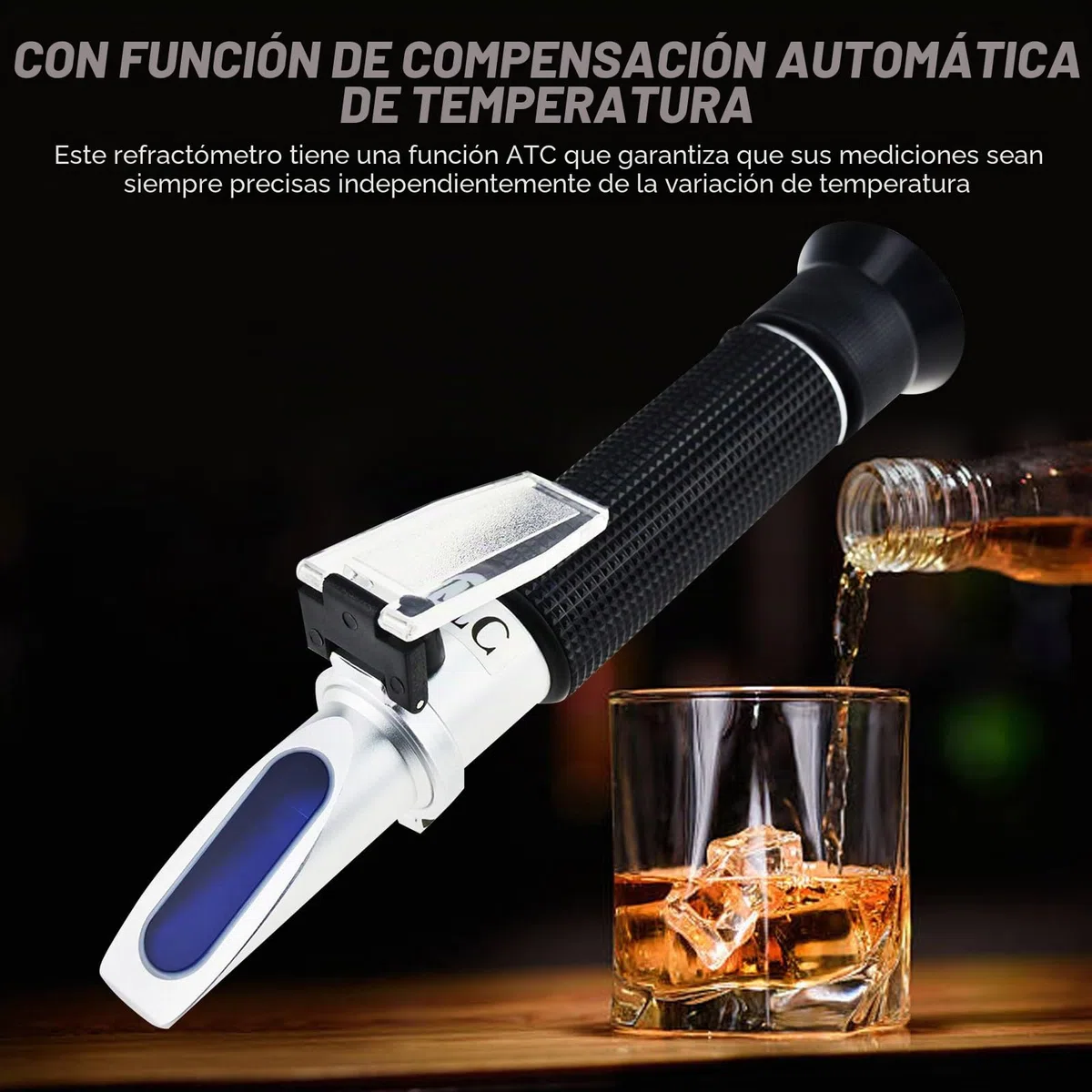 Refractómetro Alcohol - 0-80% Volumen, ATC para Destilados - Portátil con Luz LED y Pipetas - Medición Precisa del Alcohol.