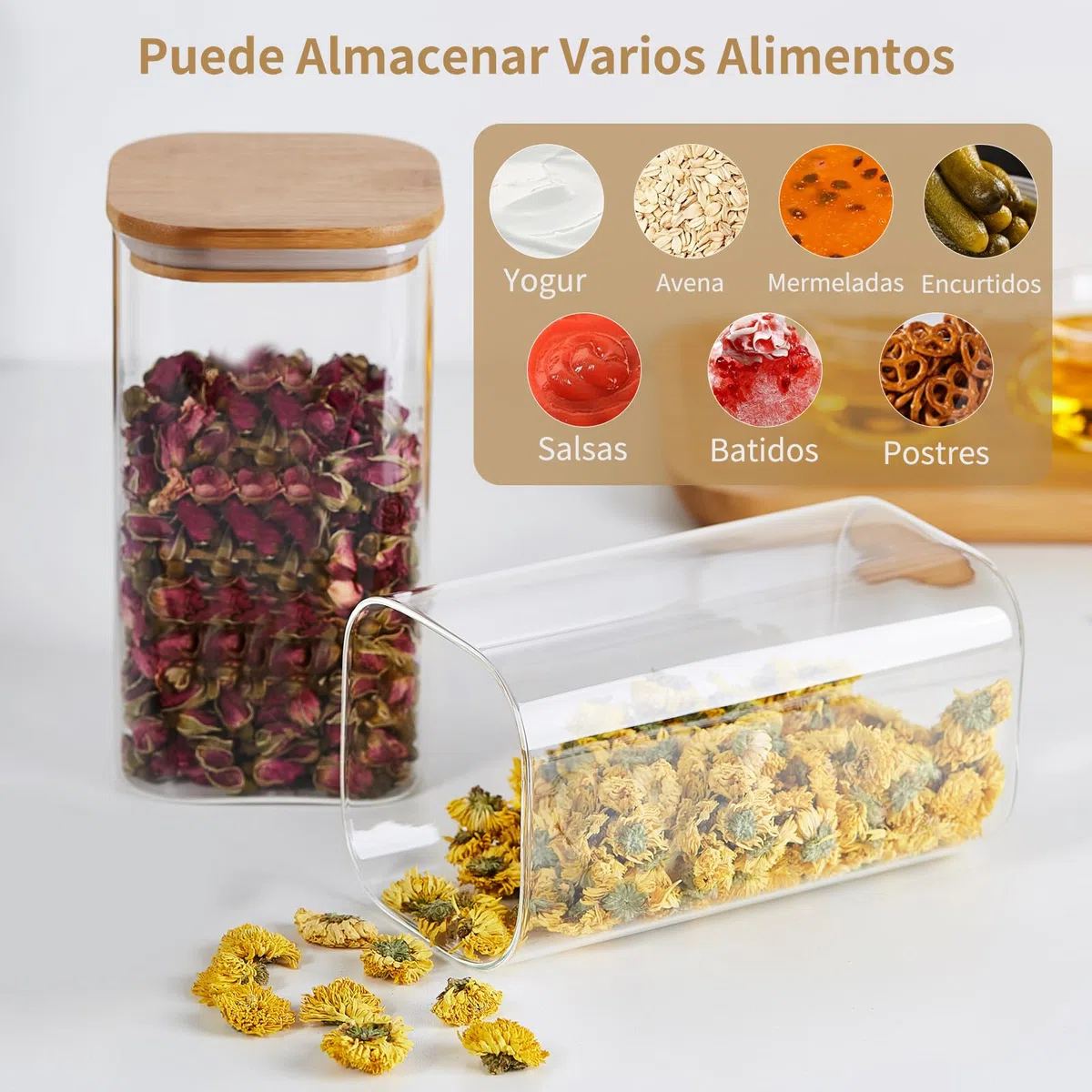 MESNEY Paquete de 6 tarros de vidrio para almacenamiento de alimentos de 1600 ml con tapas de bambú, recipientes herméticos y apilables para cocina y despensa, tarros de vidrio transparente ecológicos