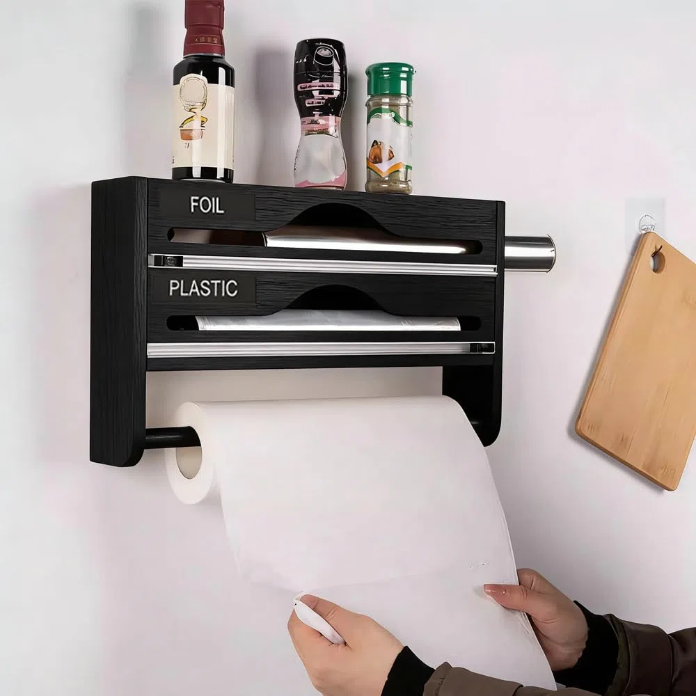 Dispensador Papel Aluminio y Film 3 in 1 con Portarrollos Cocina Dispensador de Láminas de Madera Organizador para Aluminio y Fim, 35,2x21x7cm
