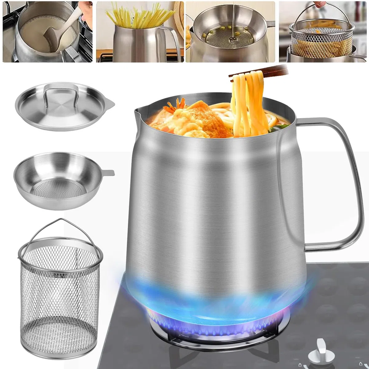 POFIBO Colador de Aceite de Acero Inoxidable, 2 Litros con Filtro Integrado y Tapa Hermética - Ideal para Cocinar, Freír y Filtrar Aceite Usado - Adecuado para Todo Tipo de Cocinas