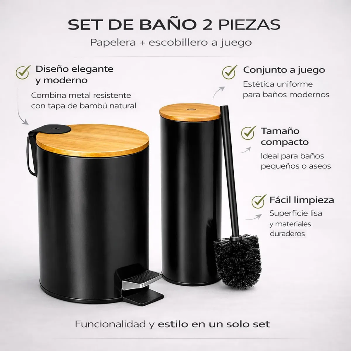 TIENDA EURASIA – Set de Baño Papelera 3L + Escobillero | Metal con Tapa de Bambú | Cubo Interior Extraíble | Papelera con Pedal y Asa para Transportar | Diseño Moderno | para Baño (Negro)