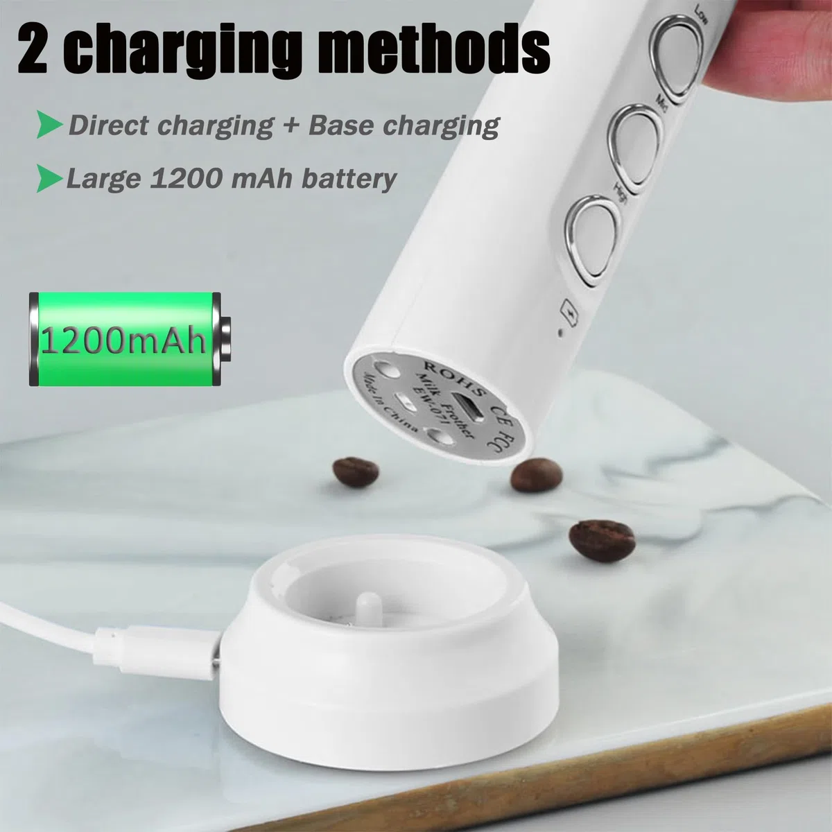 Espumador de Leche Eléctrico de Mano Moderno con 3 Velocidades, Incluye 3 Cabezales, Mini Batidora Blanca Recargable Para Espumar Café, Batir Huevos y Mezclar